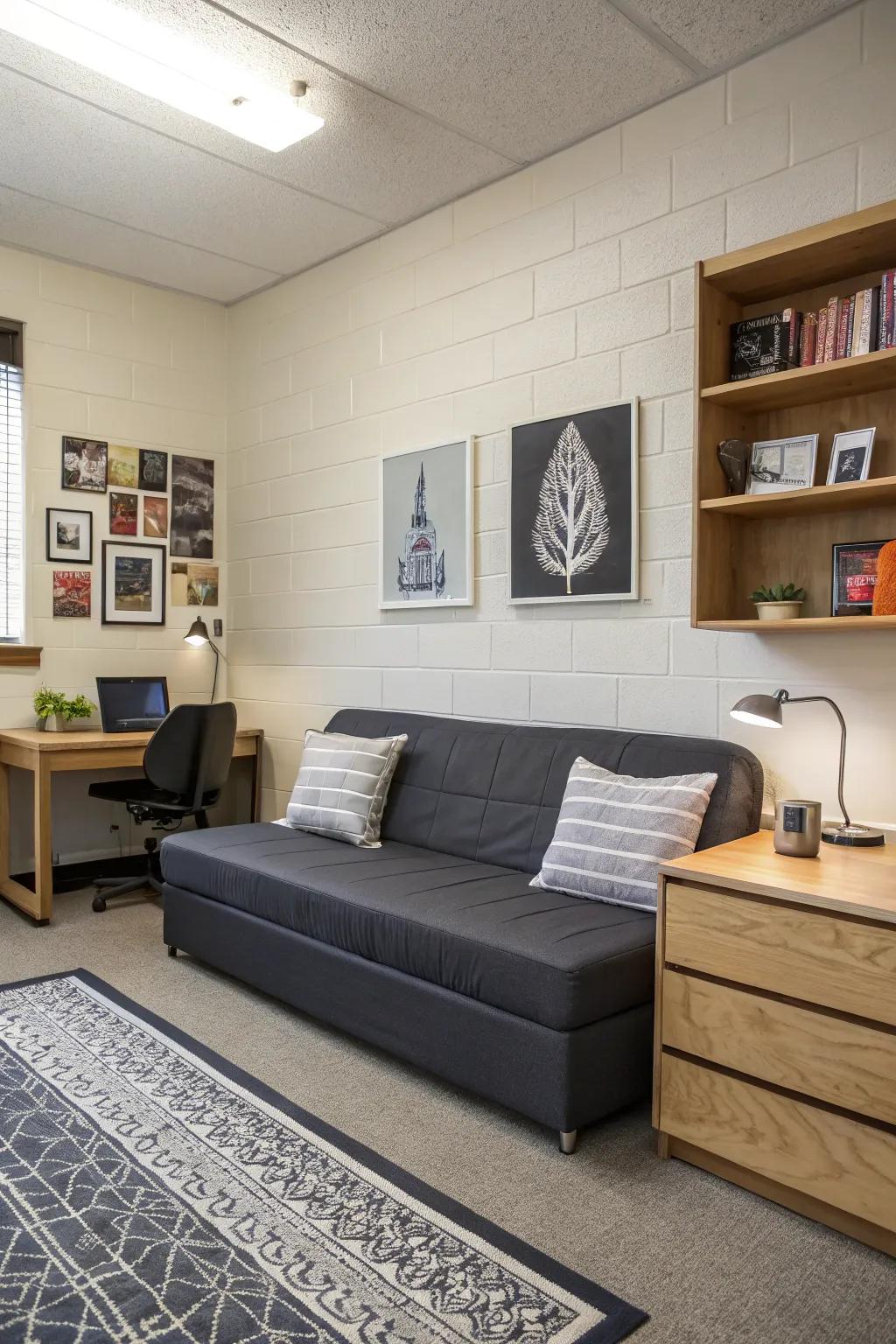 The clean lines of this couch give a minimalist touch to this sophisticated dorm.