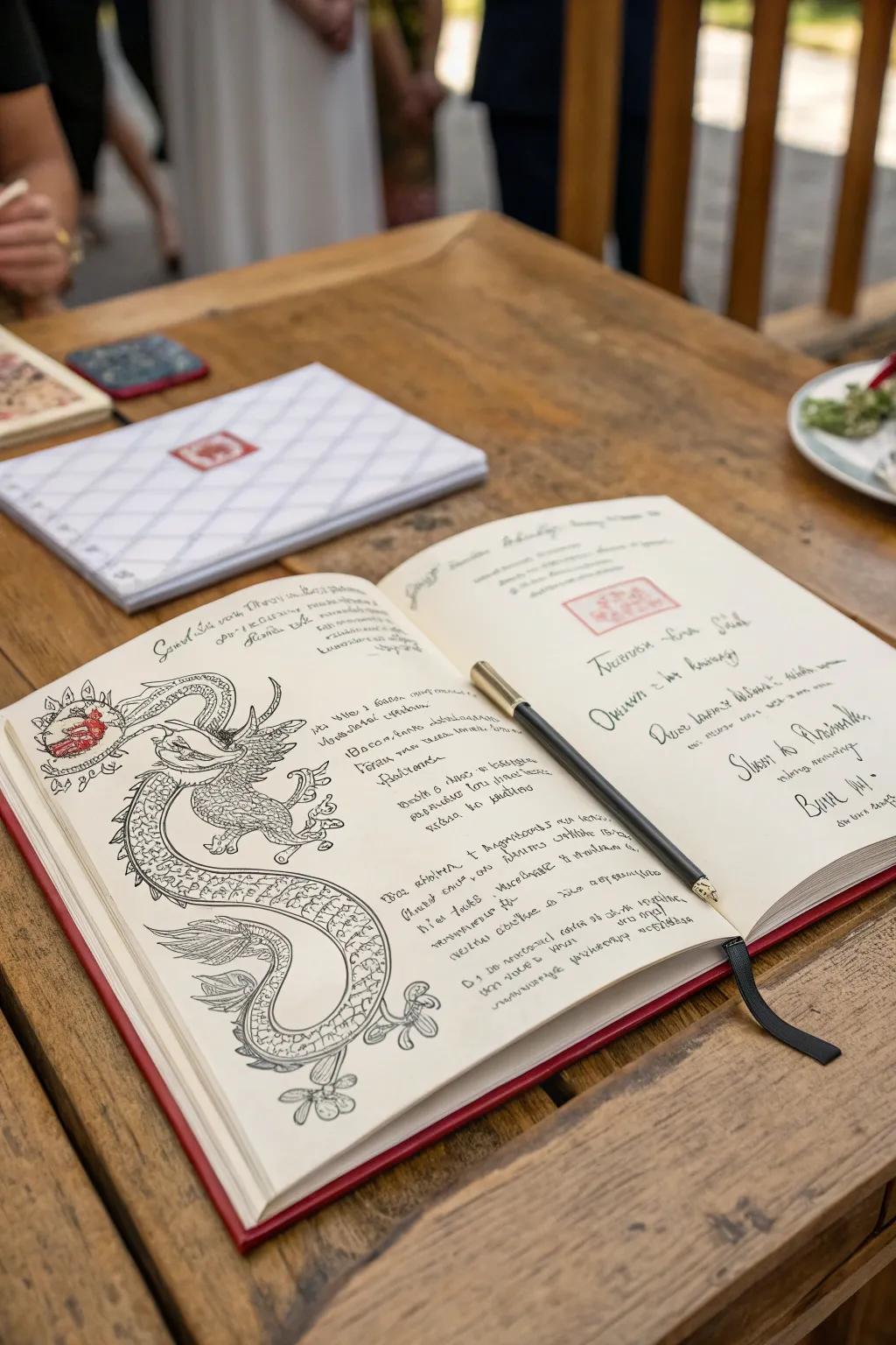 A dragon-themed guest journal records heartfelt messages from loved ones.