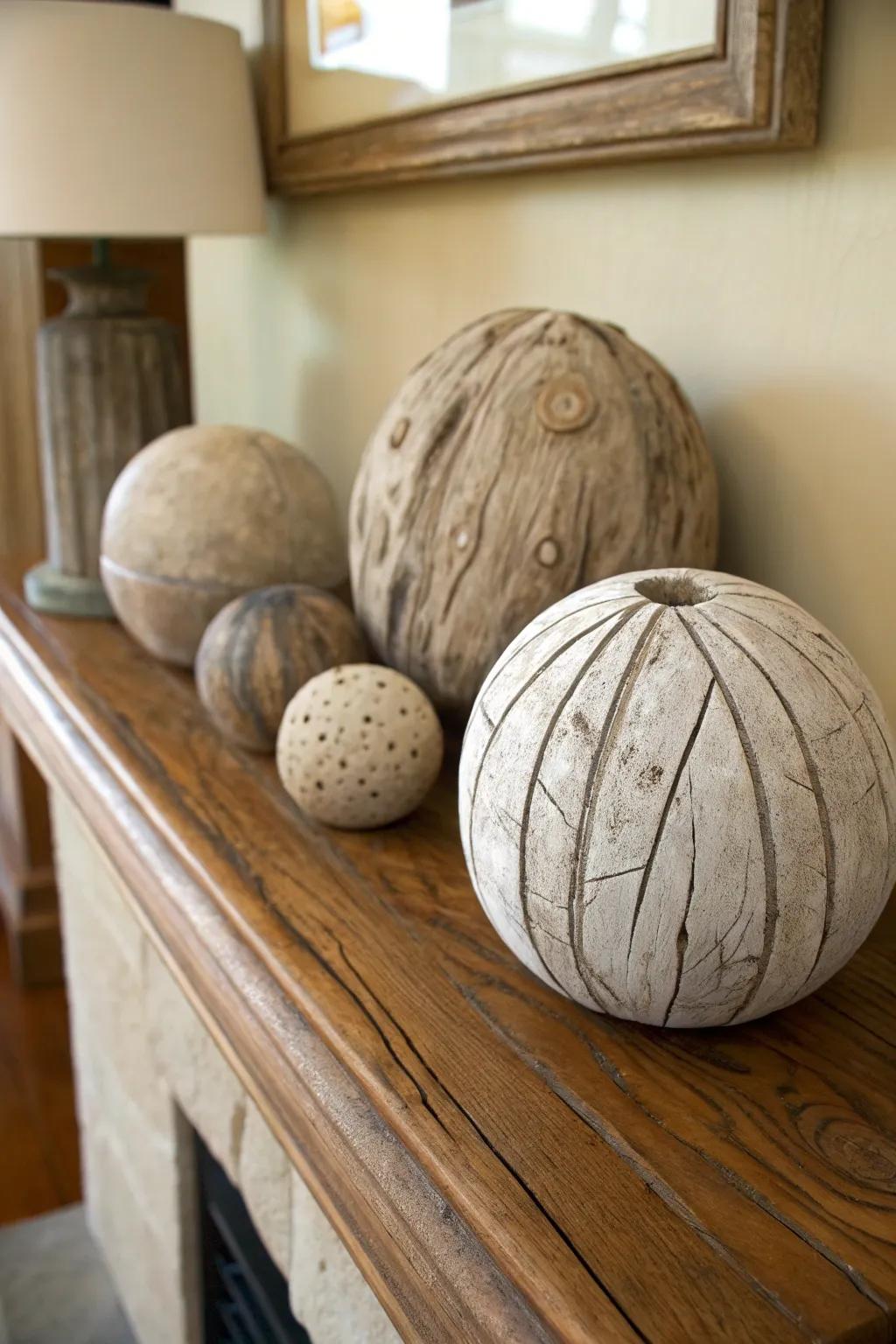 Found-wood orbs provide a distinctive decorative component.