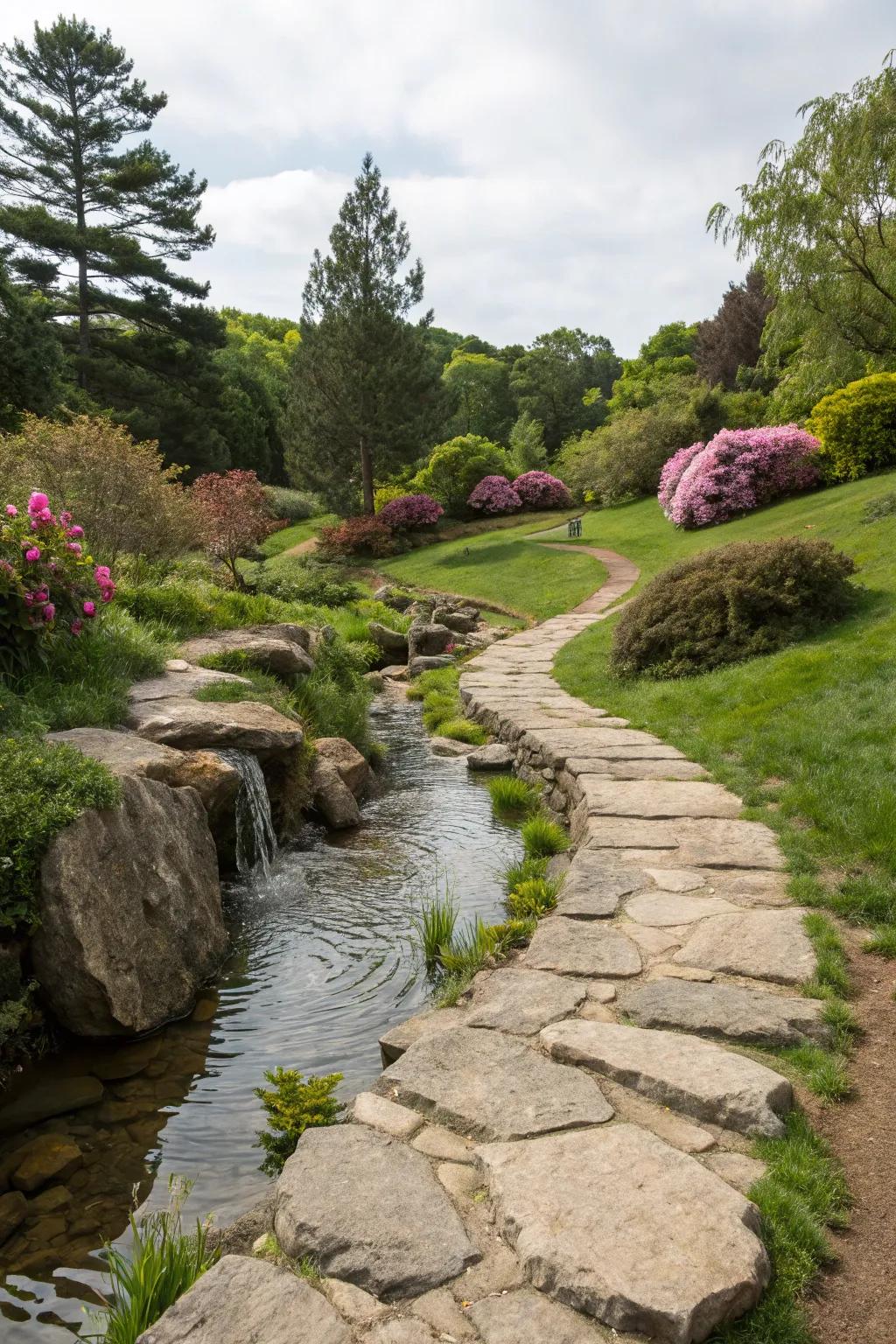 A tranquil rock path enhanced by a water feature.