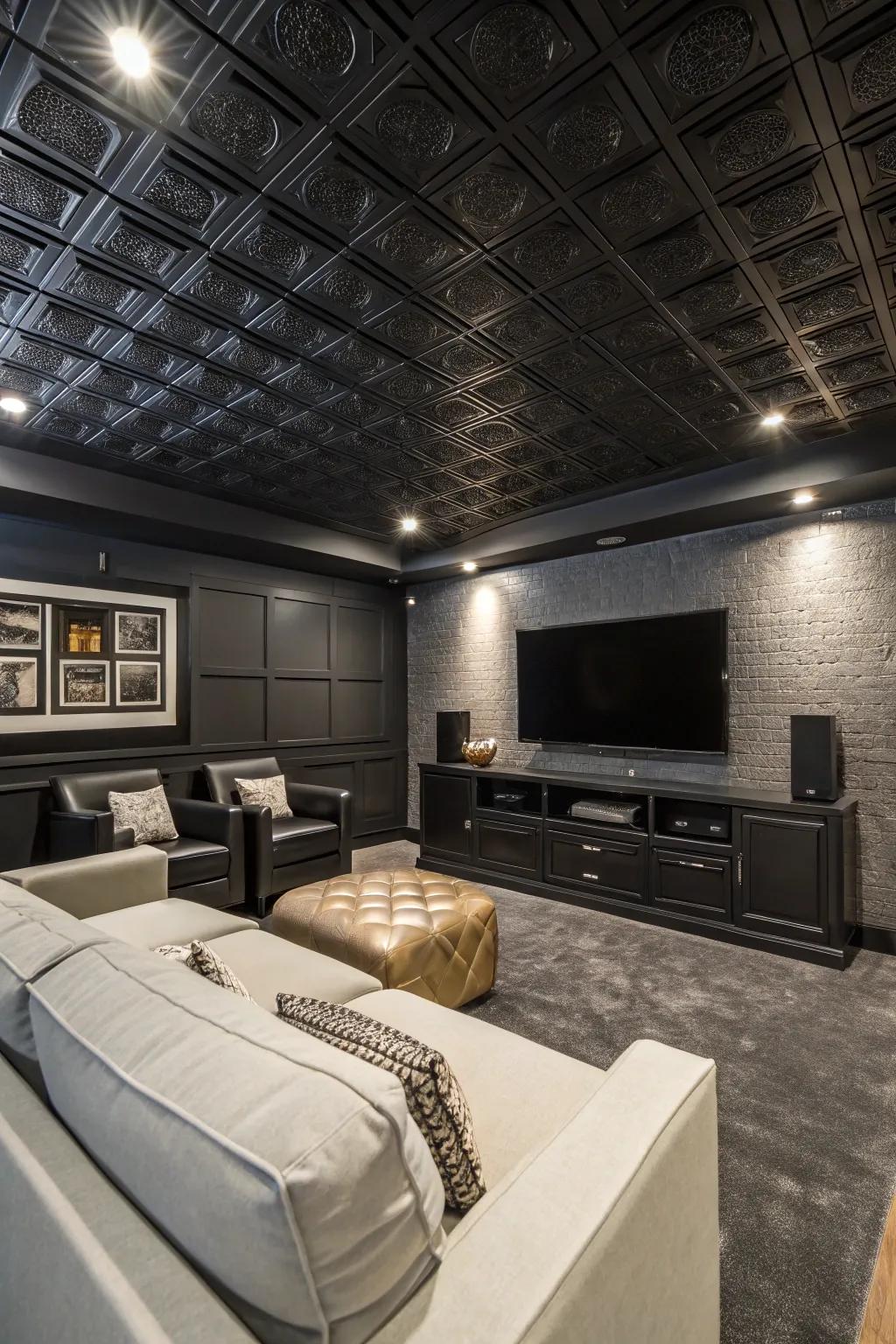 Dramatic elegance with black ceiling squares.