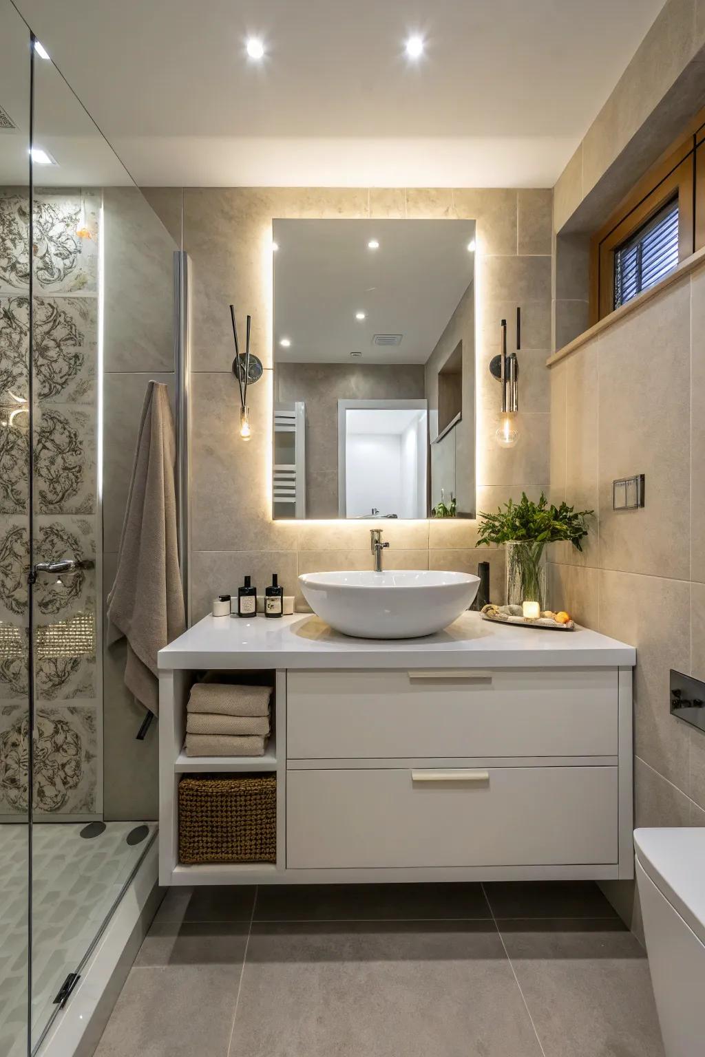 A unique sink becomes a central feature in this chic bathroom.