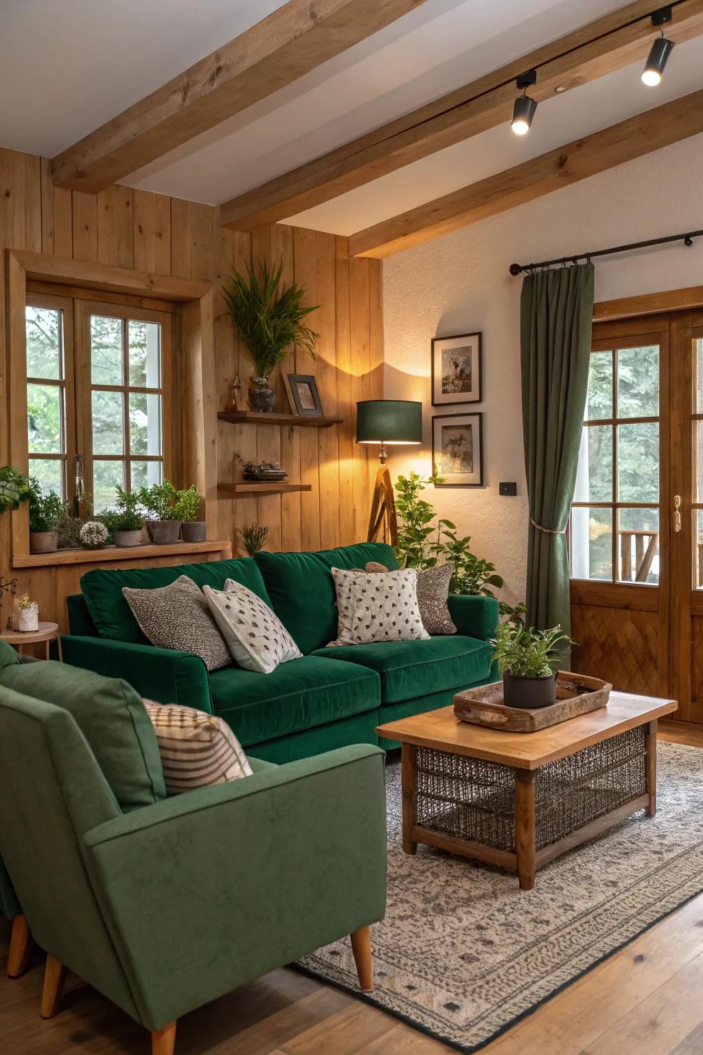 Green tones and wood create a warm, organic environment.