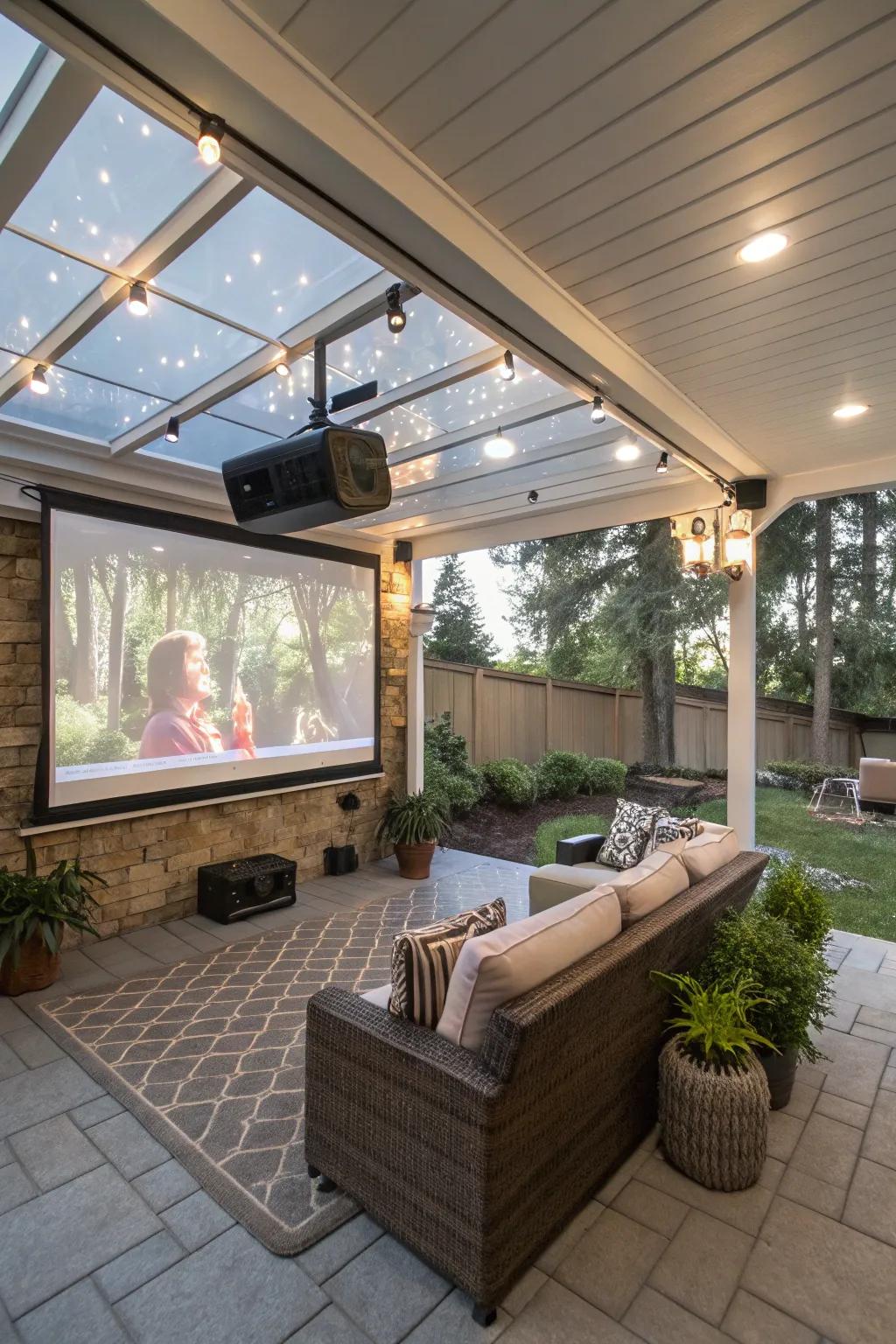 A patio entertainment area featuring a display unit for immersive movie nights.