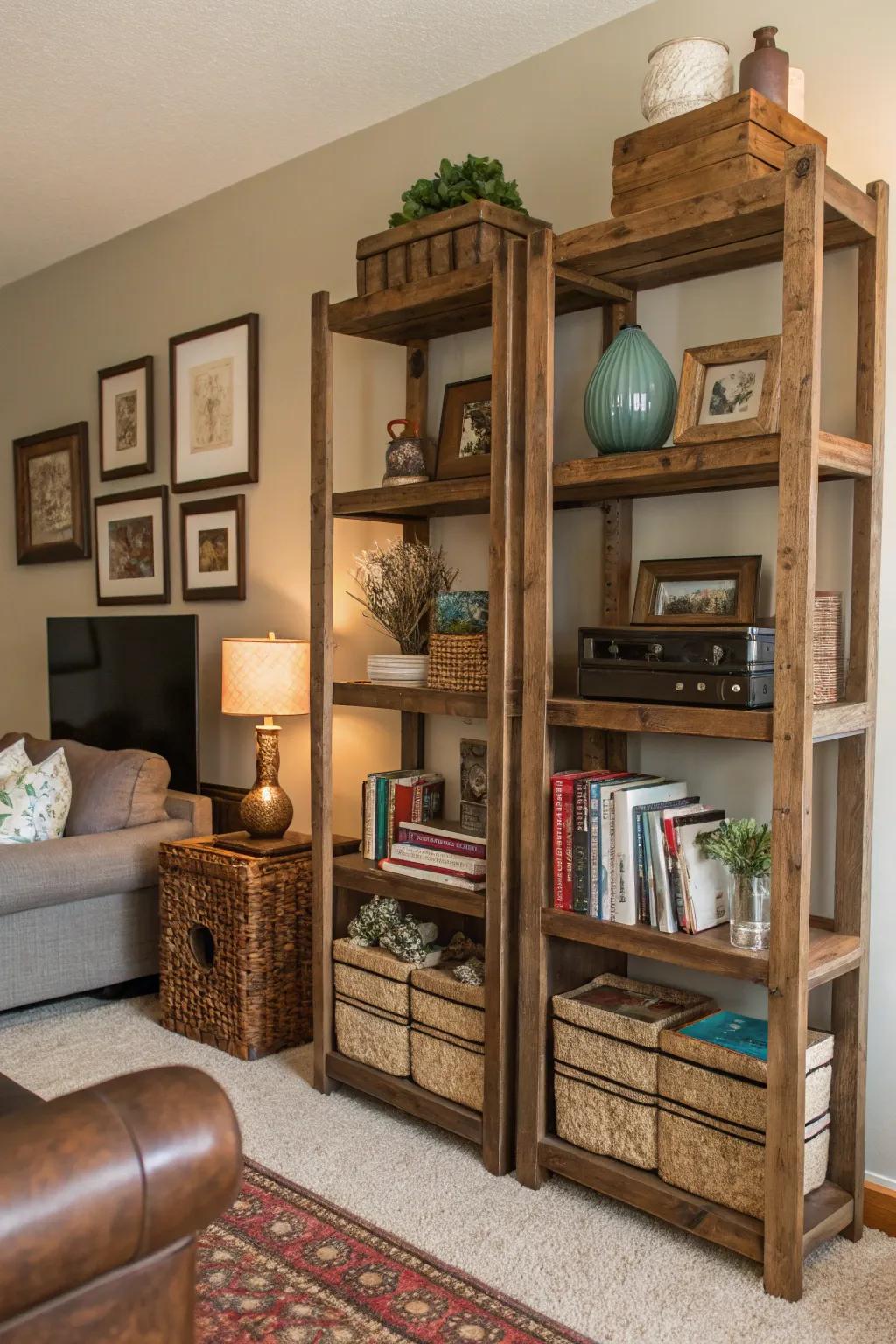 Country shelving combines storage with style.