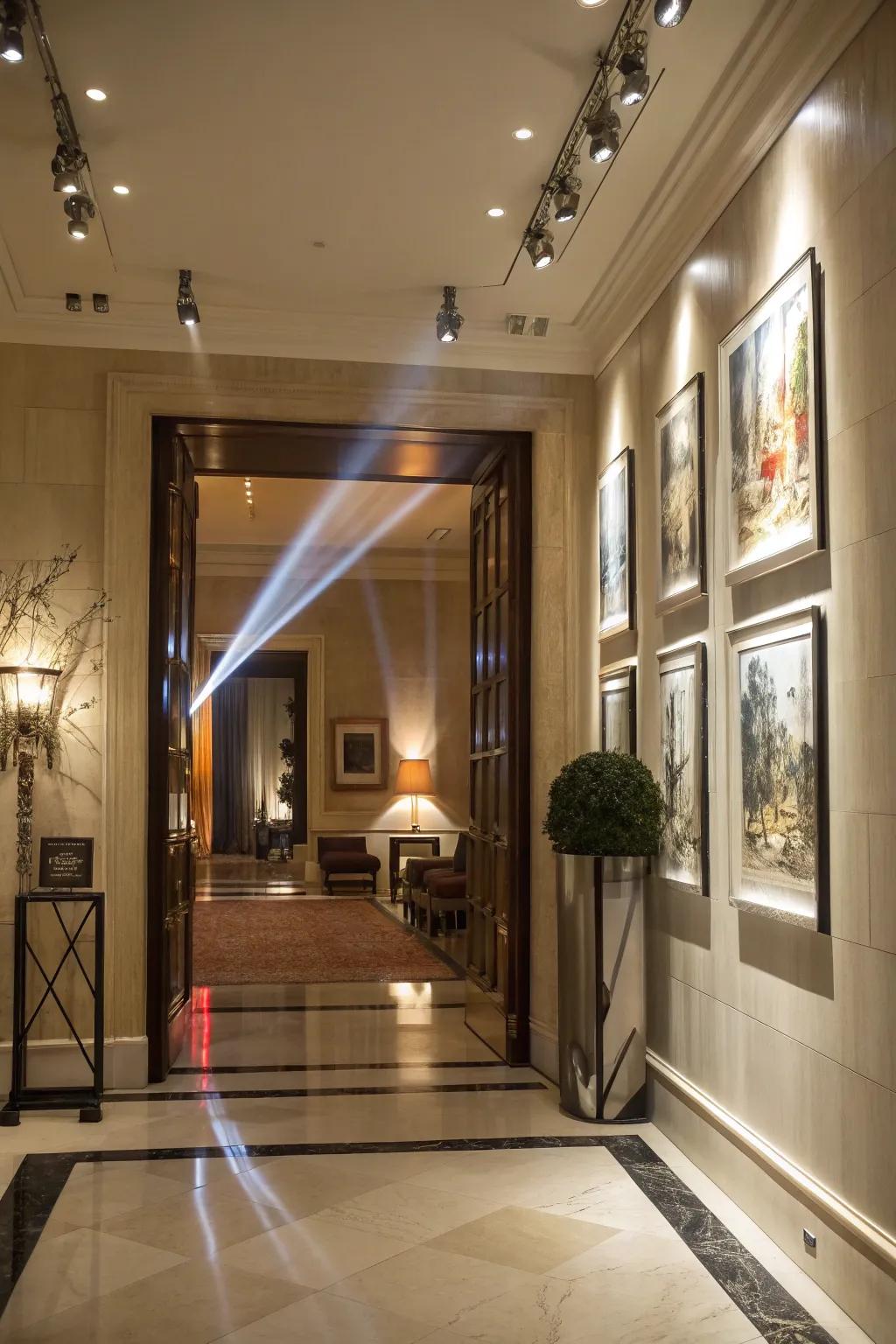 A foyer with spotlights highlighting artwork for a dynamic and elegant touch.