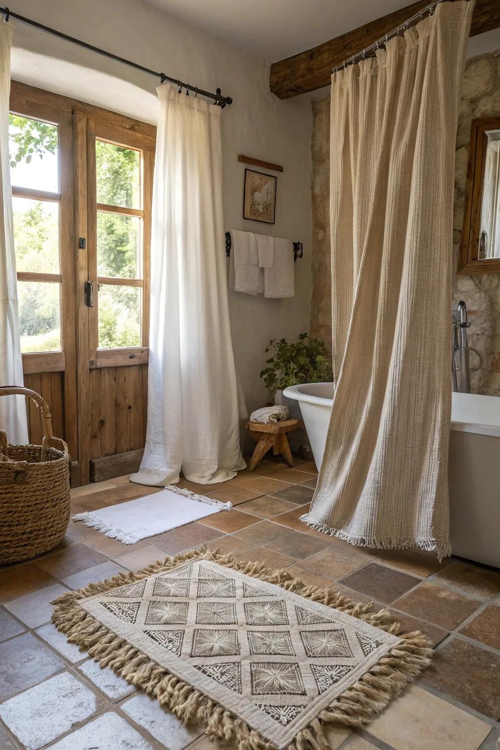 The cozy atmosphere of a country bathroom is enhanced by textured fabrics.