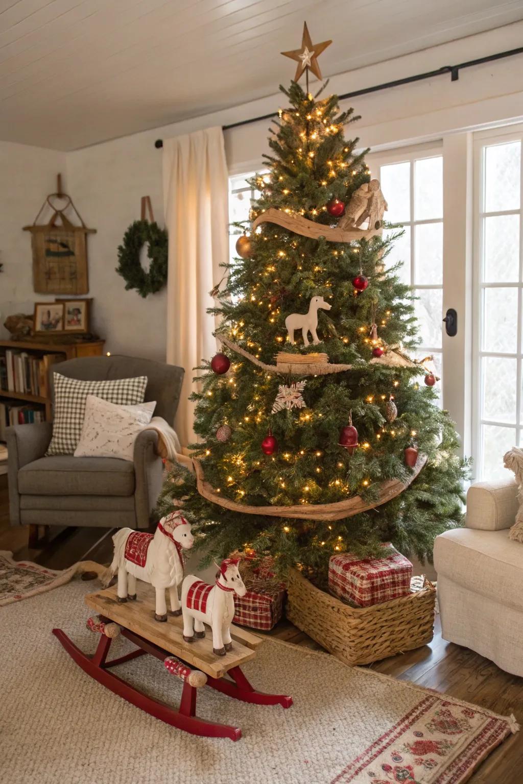 Playful pieces introduce joy and creativity to this appealing tree.