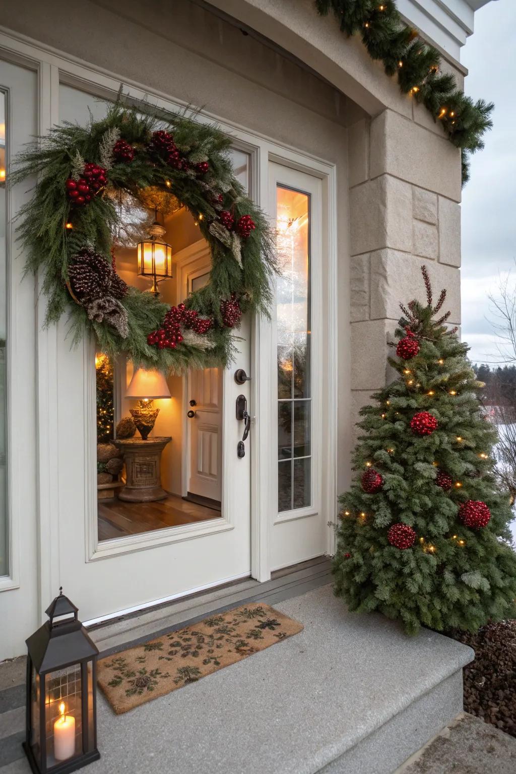 A festive countryside entryway enhanced by a beautiful garland.