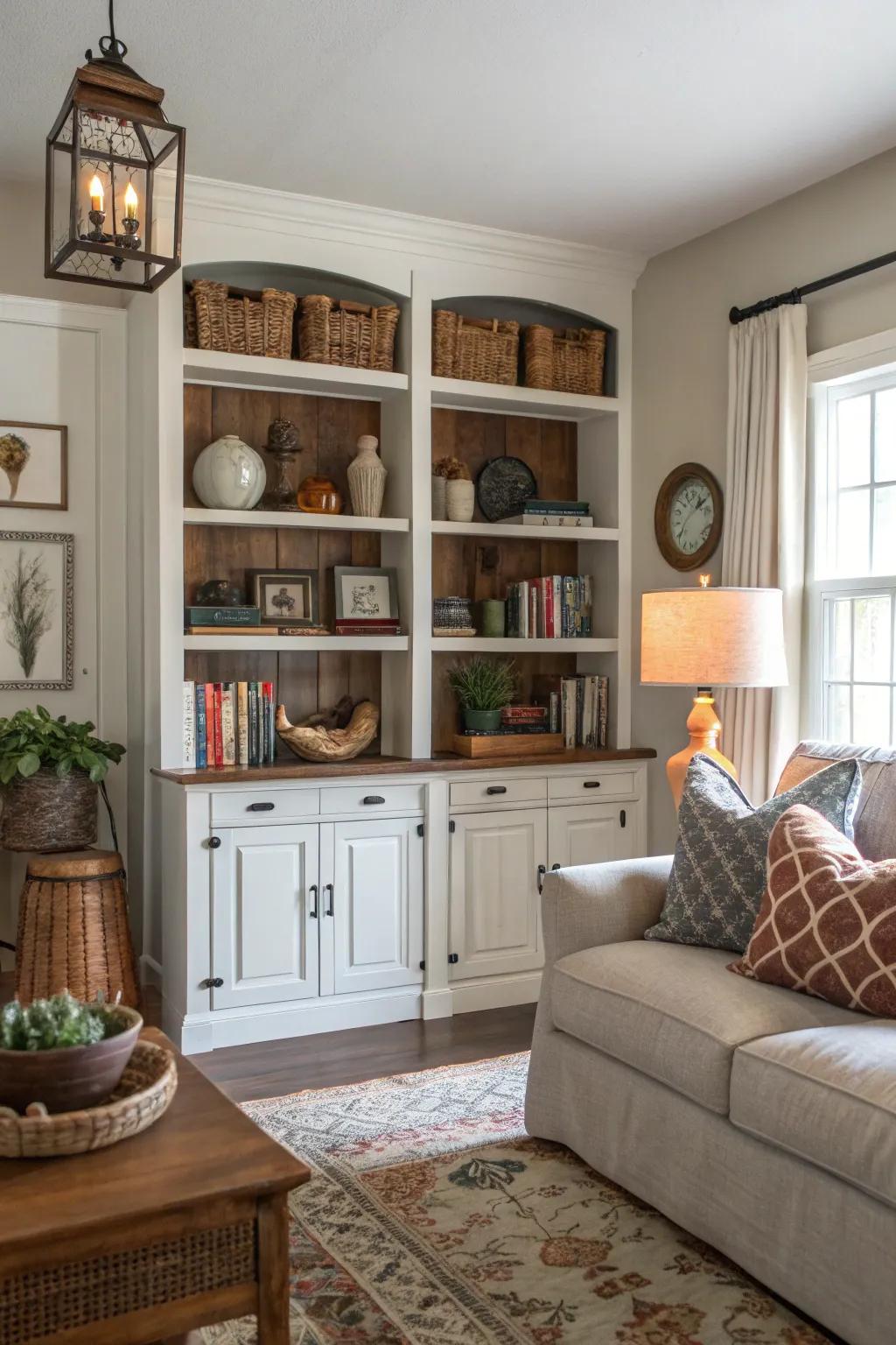 Open shelving provides stylish display in this farmhouse living space.