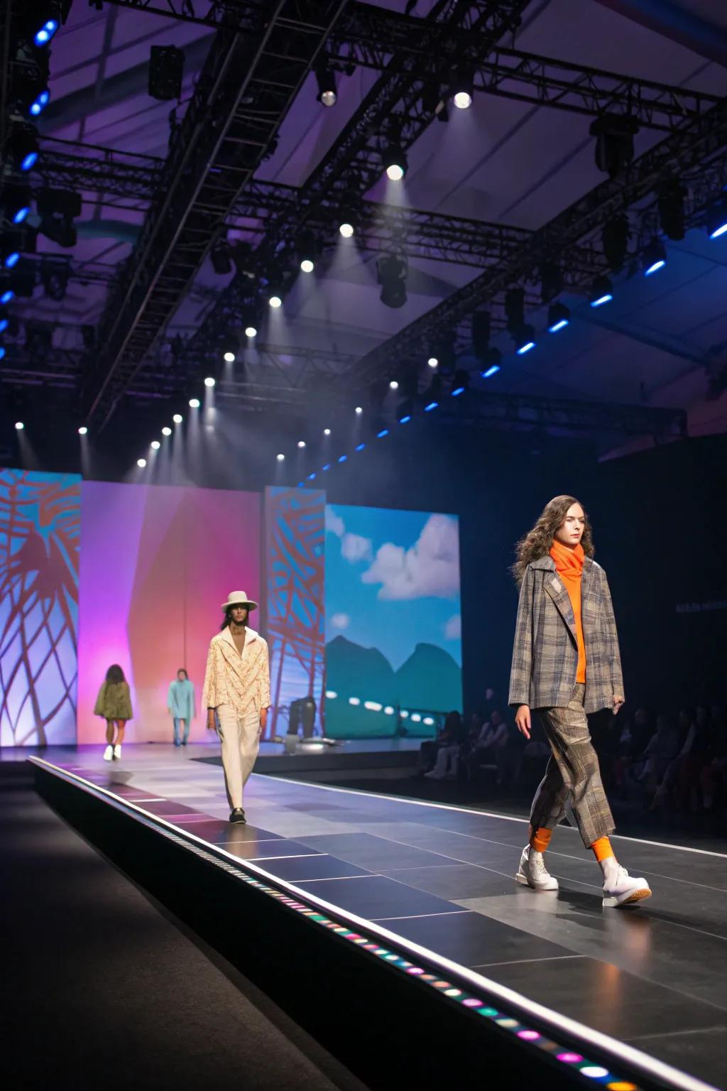Dynamic stage setups provide changing perspectives throughout the fashion show.