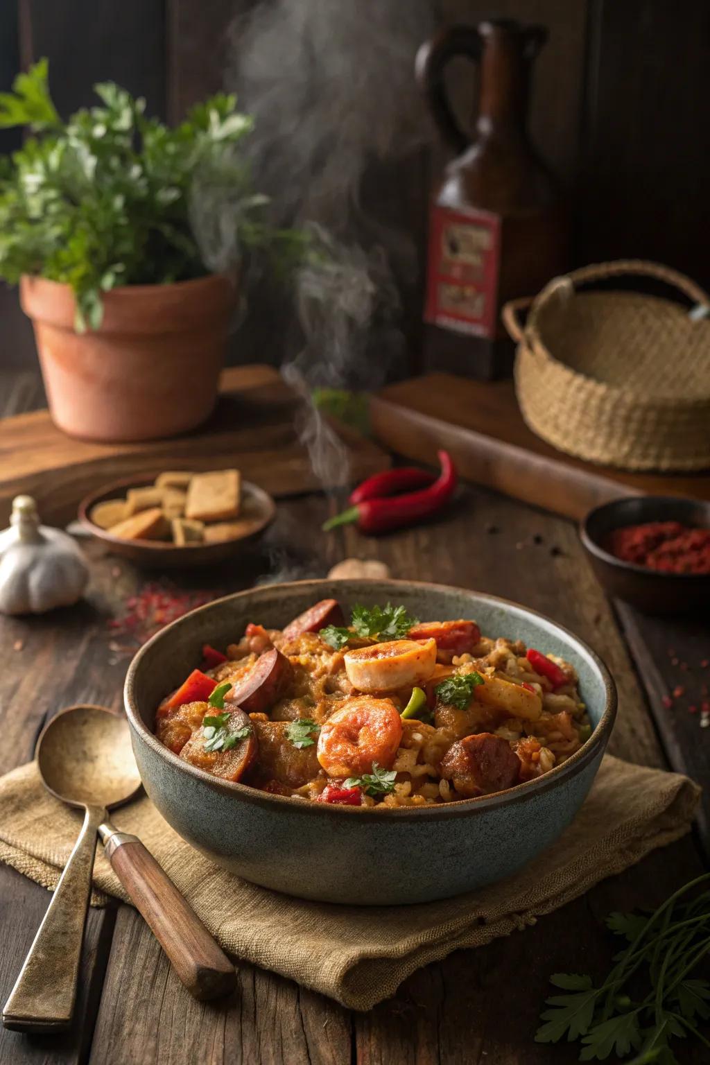 Heat up the day with a spicy jambalaya.