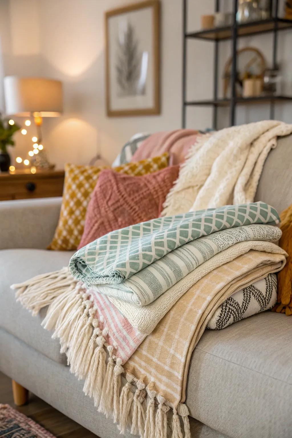 A cozy sofa layered with various throws and wraps.