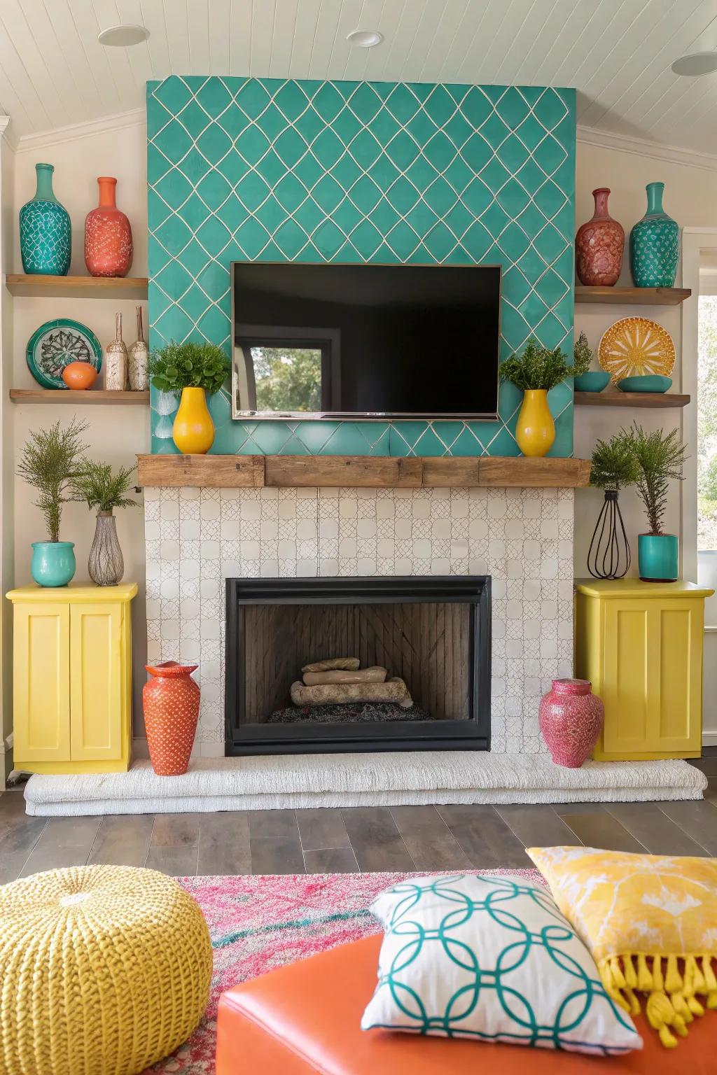 Infuse color into your space with vibrant highlights that pop around your fireplace.