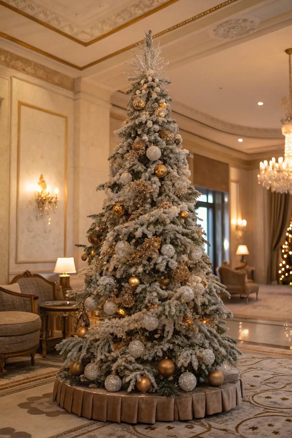 A luxurious layers-themed flocked Christmas tree.
