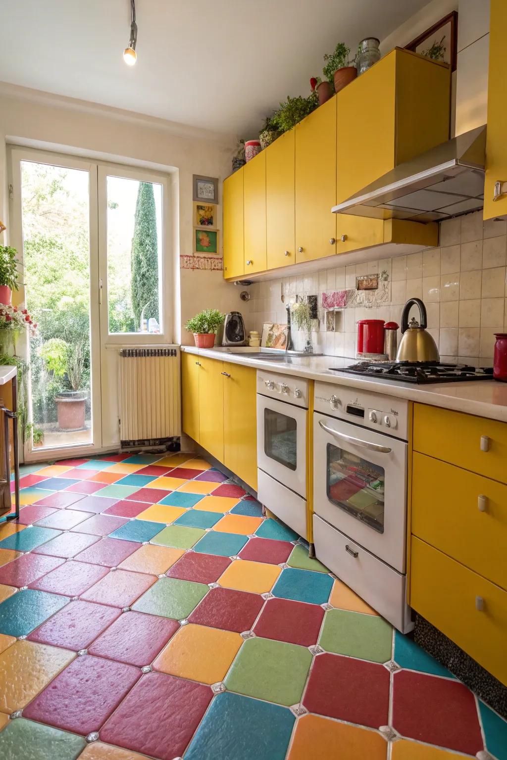 Squares with vivid colors add energy and flair to kitchen spaces.