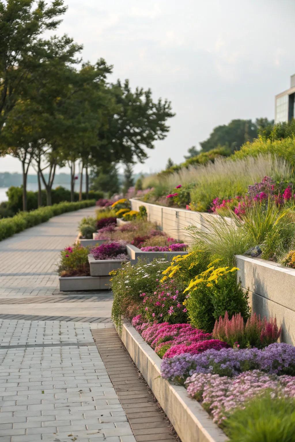 Layered planting beds add dimension and vibrant color.
