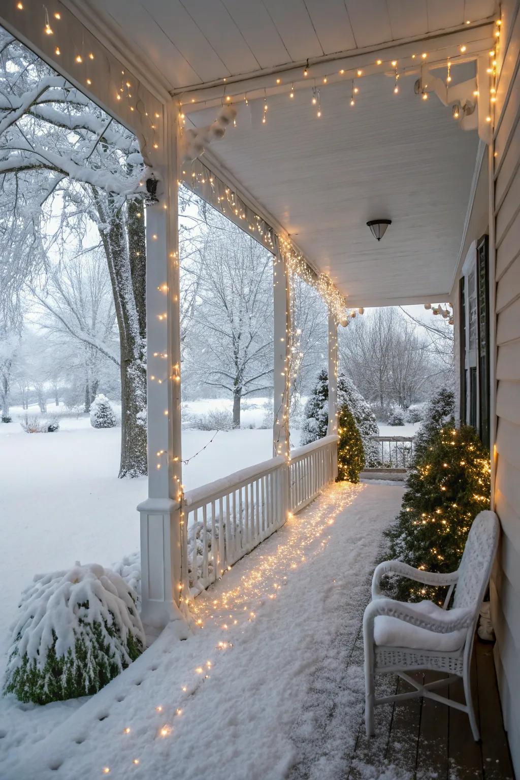 A winter scene porch enthralls through its captivating allure.