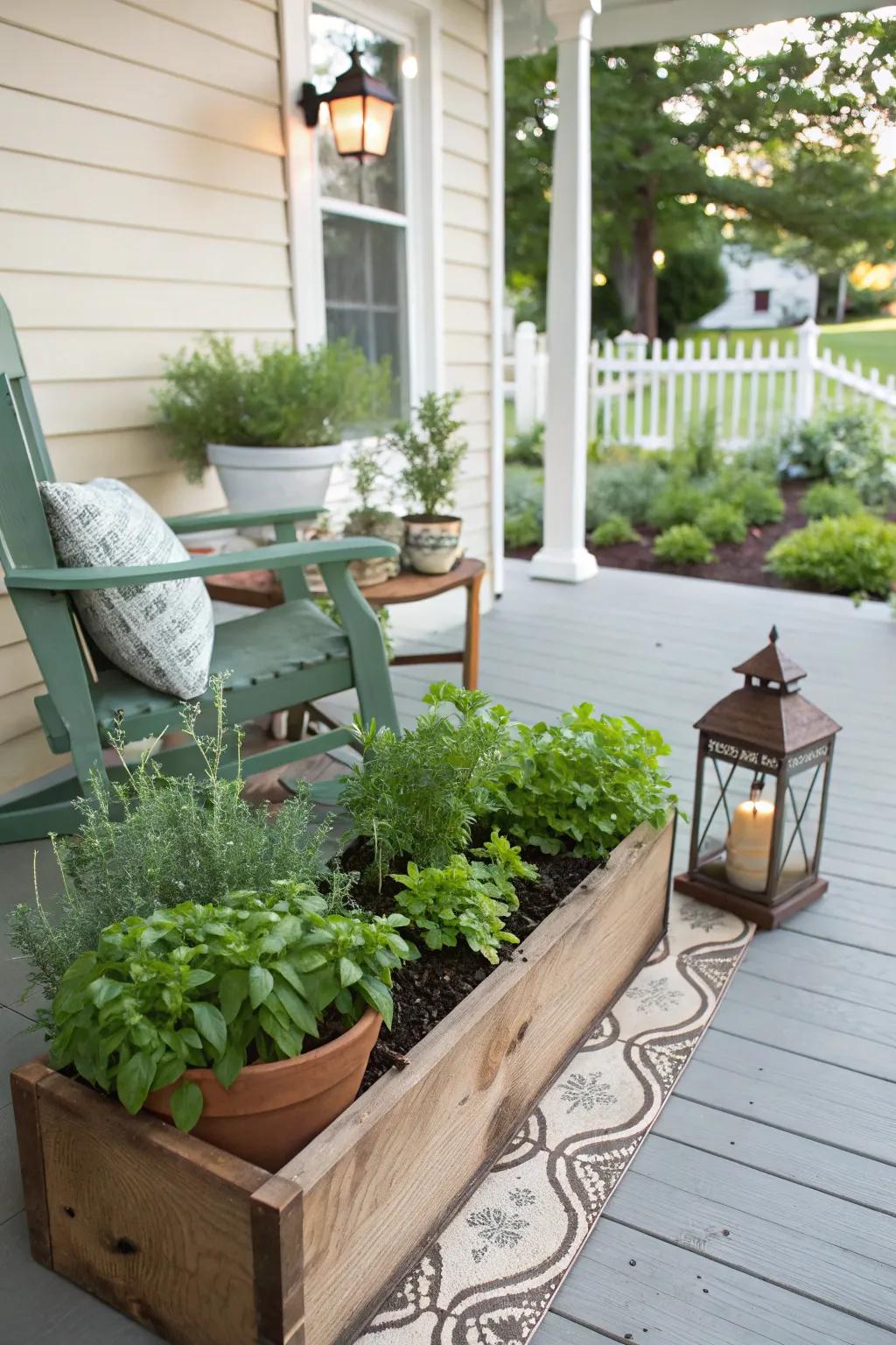 A small herb garden adds practicality and greenery to this front porch.