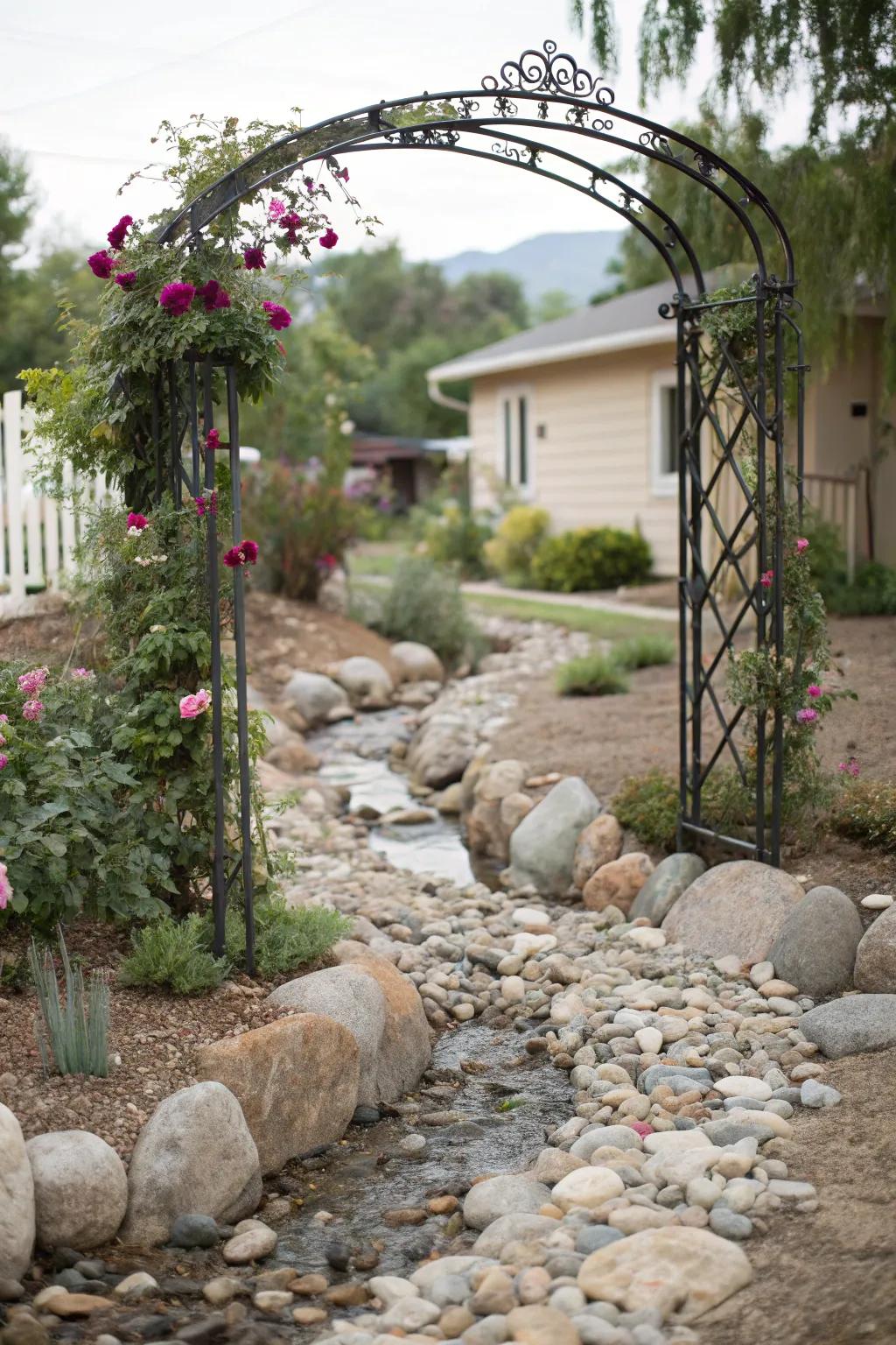 An ornamental entrance arch frames your dry streambed, crafting a welcoming statement.