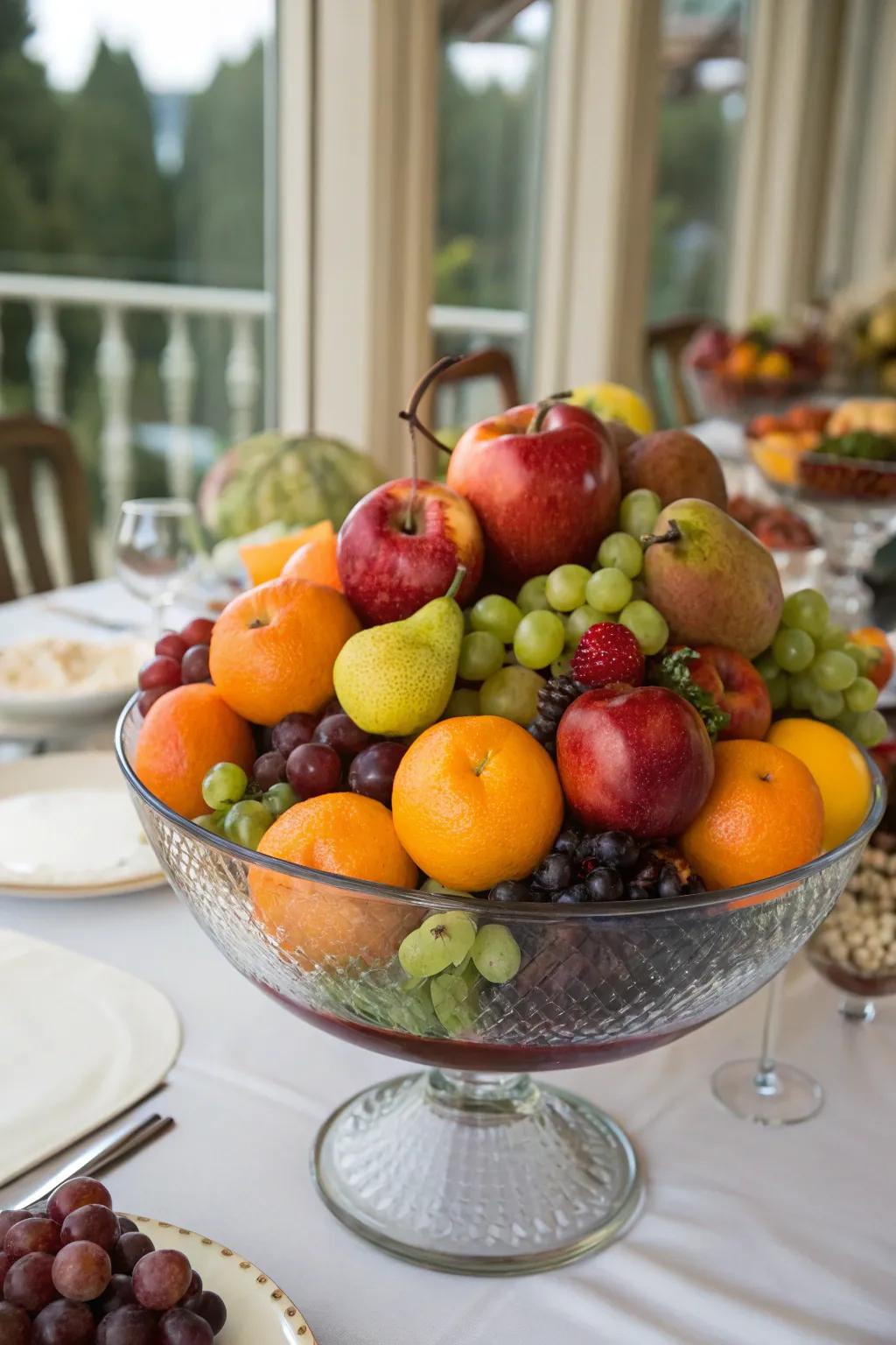 A giant fruit bowl creates a grand and inviting centerpiece.