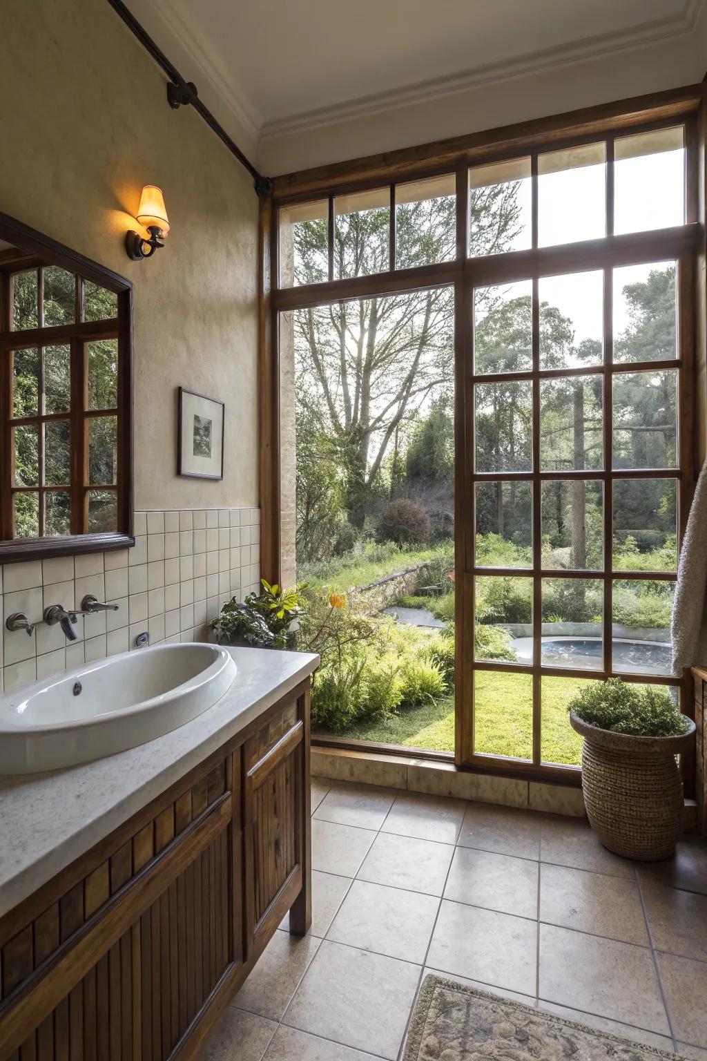 An inside-outside link designs a natural oasis in the bathroom.