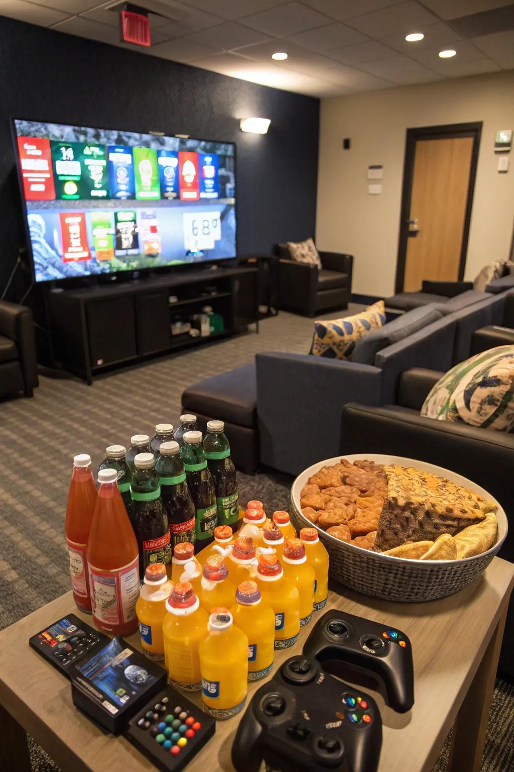A snack station keeps you fueled during intense gaming marathons.