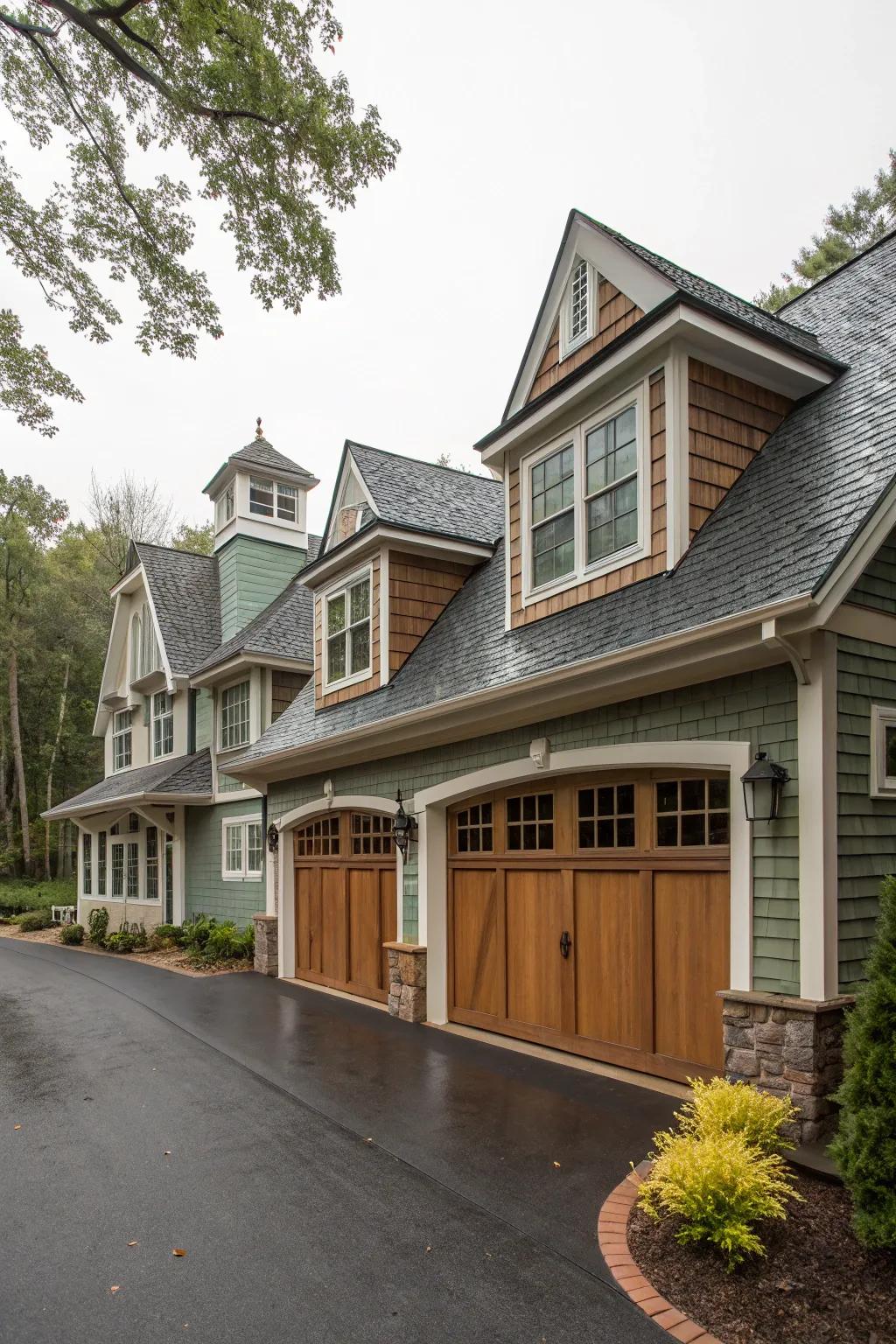 Combining dormer designs provides a dynamic and eclectic garage design.