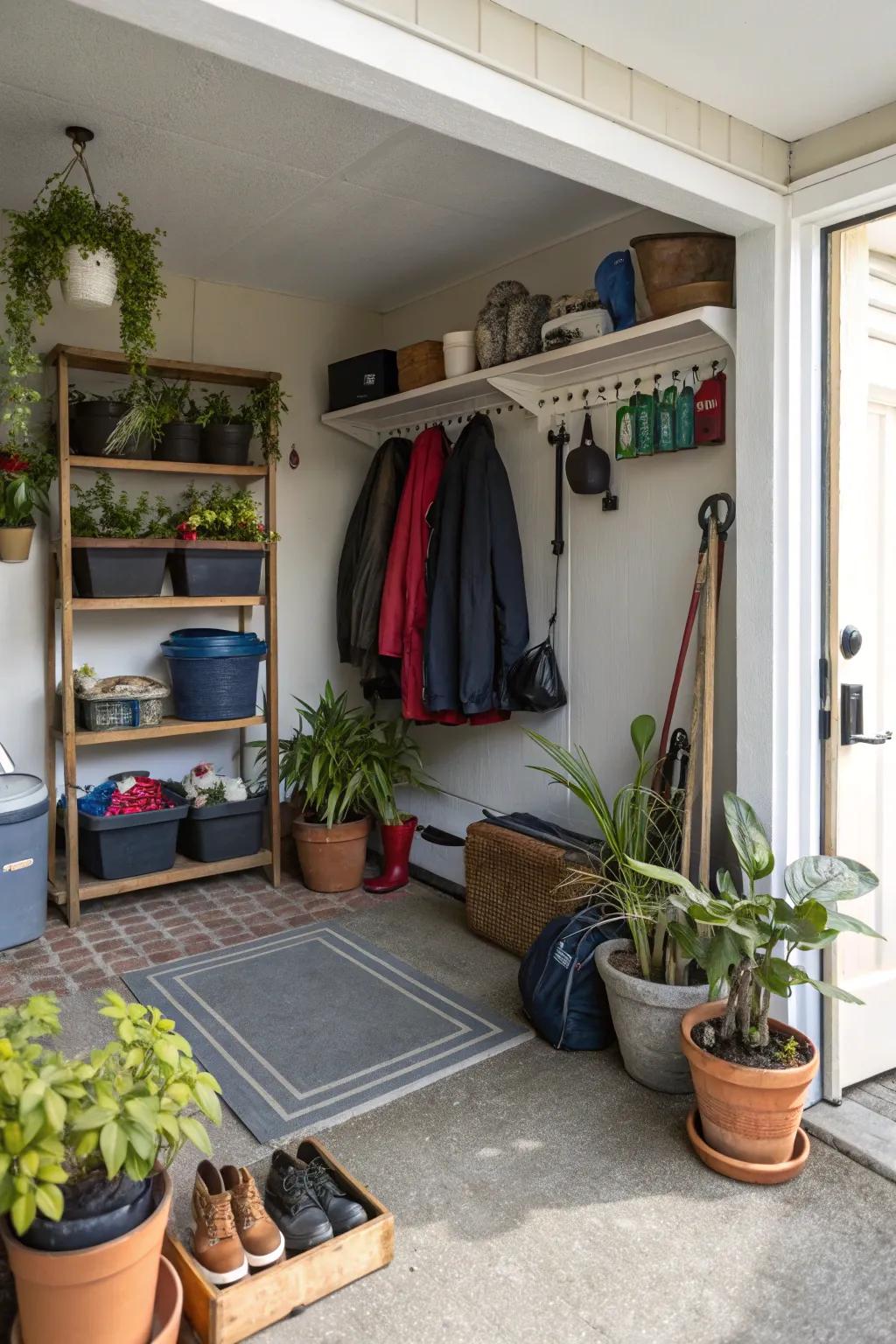 Plants add life and vibrancy to your mudroom, making it a refreshing space.