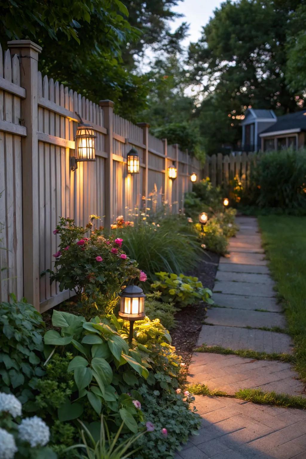 Solar lights brighten the fence, adding security to the garden.