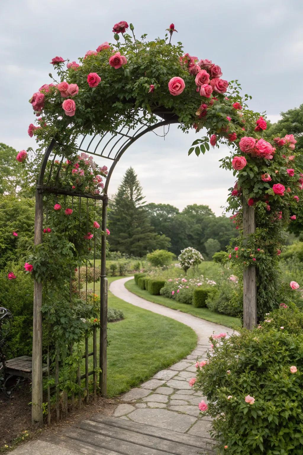 A garden arch covered in lush climbing roses.