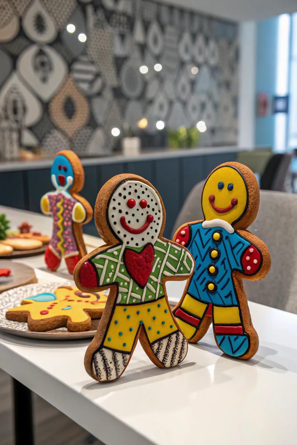 Pop art gingerbread characters injecting a contemporary spin into holiday treats.