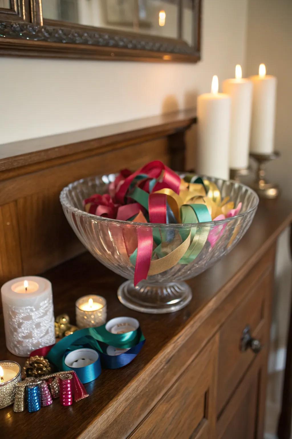 Creative elegance through adorned ribbons inside a glass bowl.