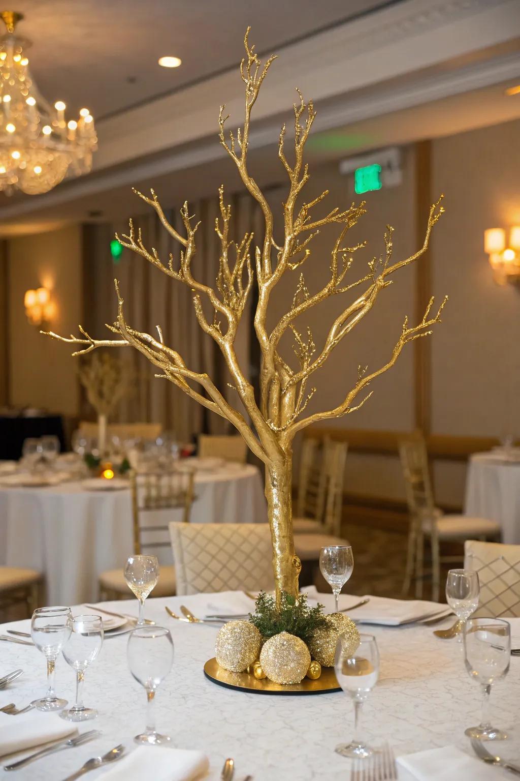 Striking gilded branch centerpiece featuring a touch of nature.