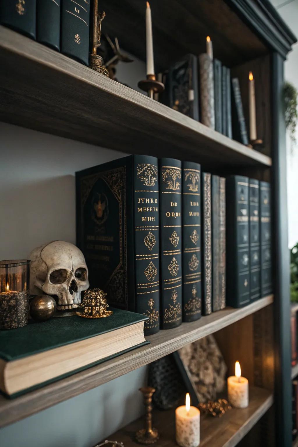 Bookshelves that hold tales of mystery and intrigue.