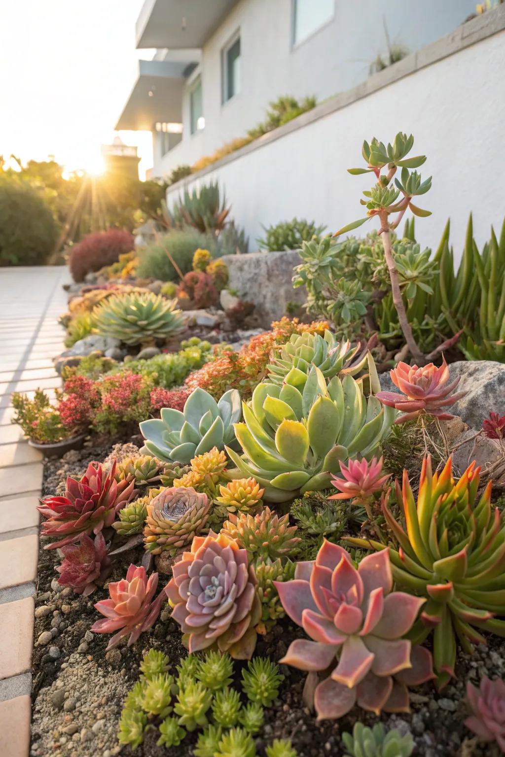 Gardens of succulents provide a sculptural solution that tolerates dry conditions.