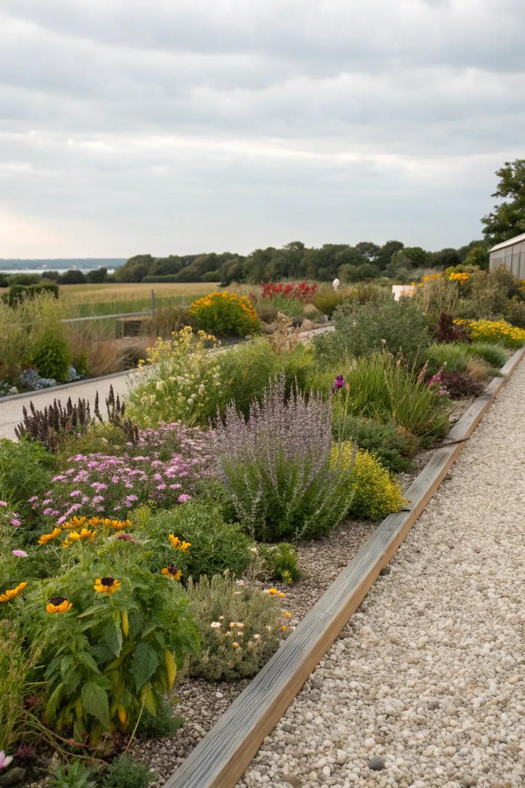 A sustainable stone flower bed featuring native plants