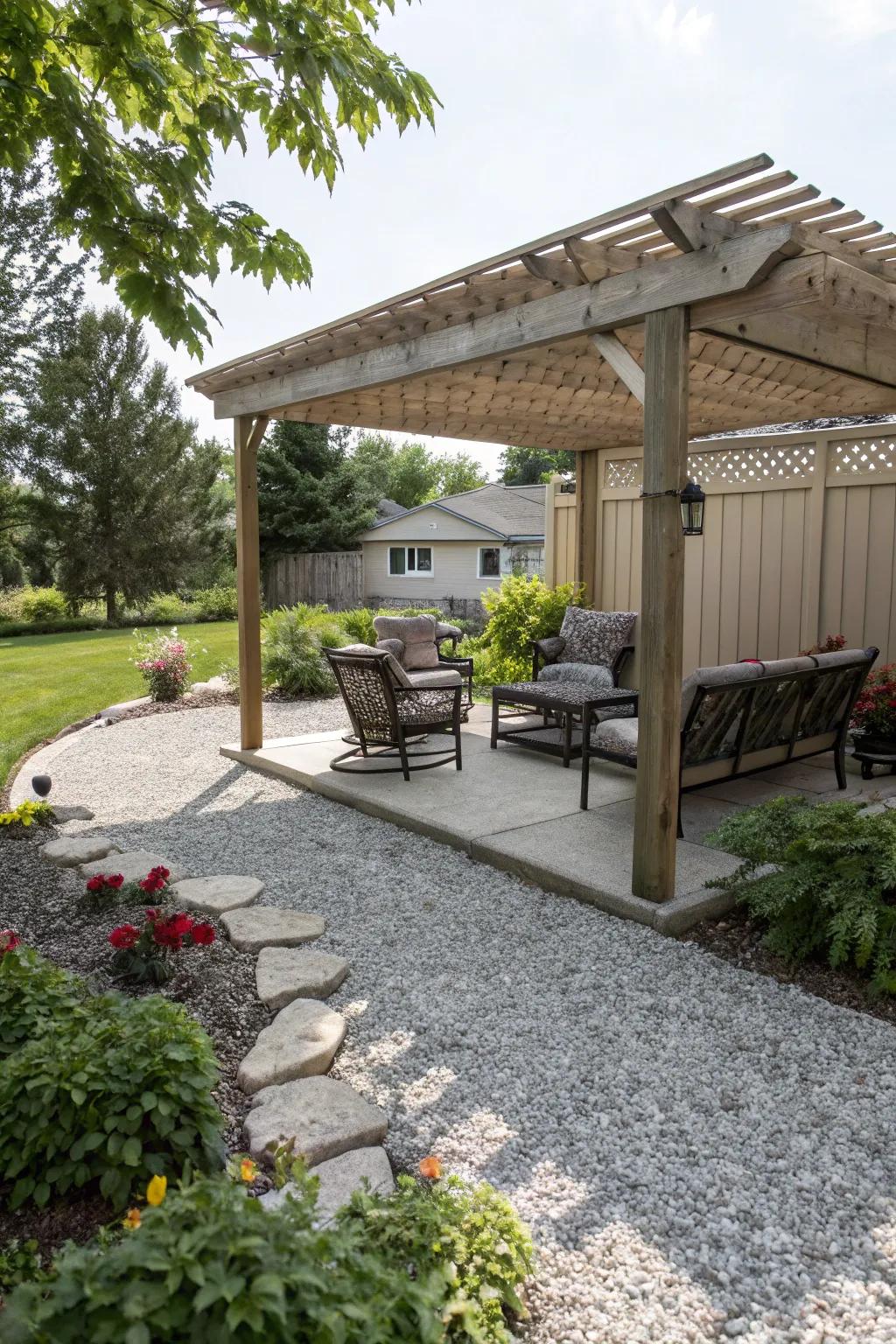 A pretty pergola giving shade over a pebble patio.