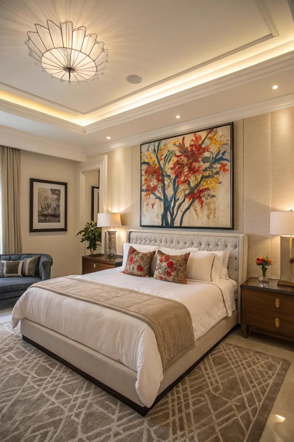 Striking artistic creations establish a breathtaking focal attraction within the space.