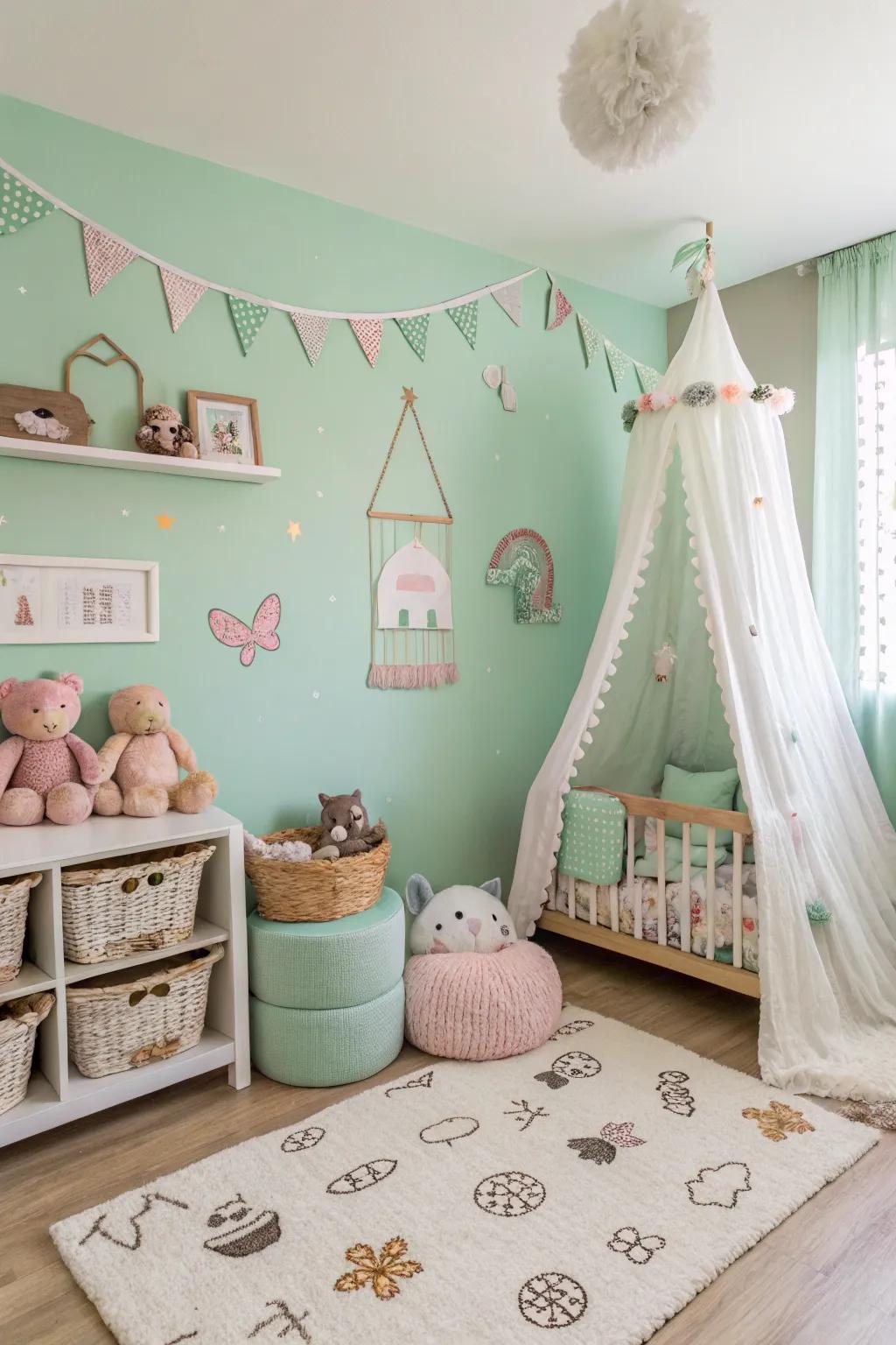 Light green walls add whimsy to this charming nursery.