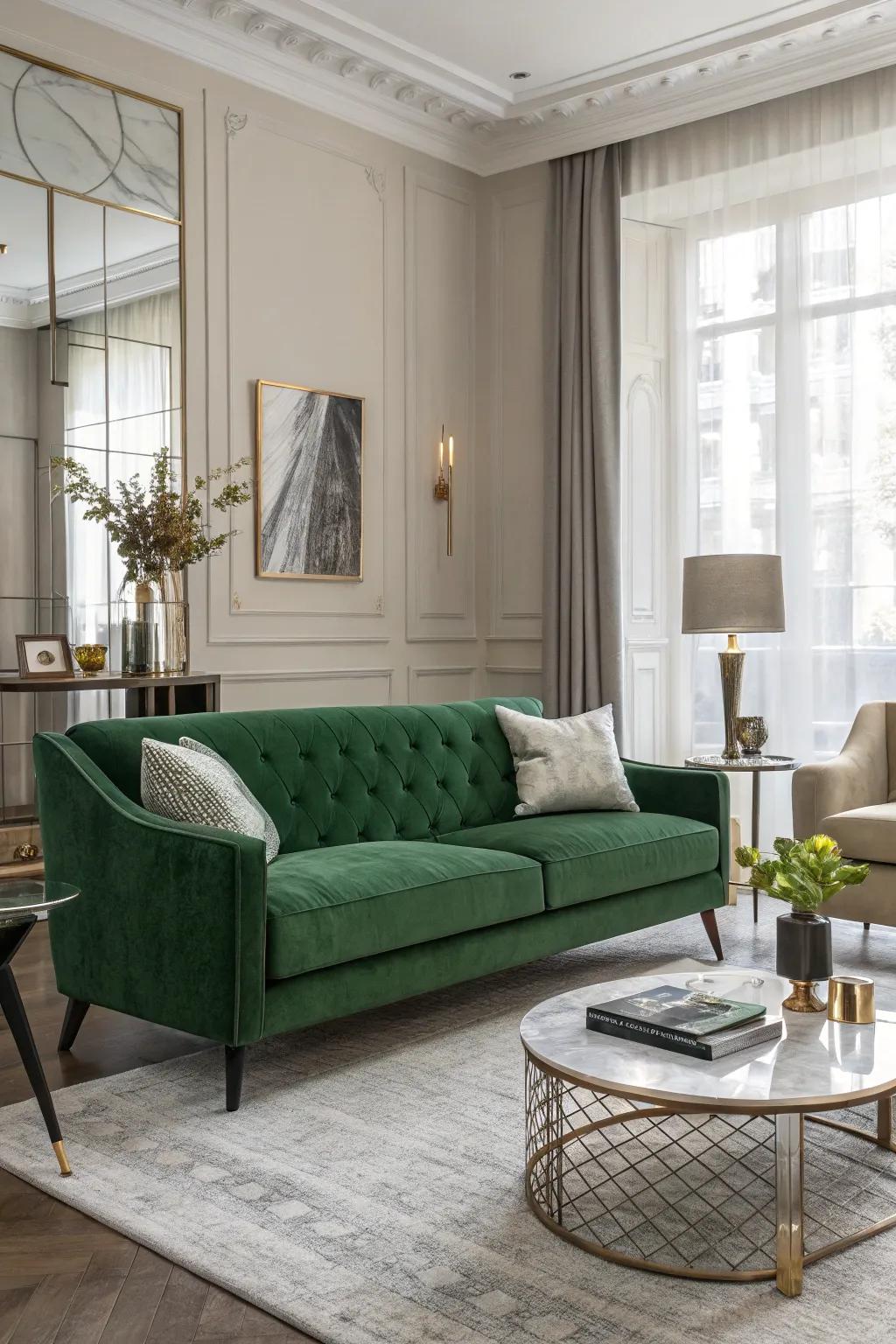 A chic living space featuring a green velvet sofa and modern design.
