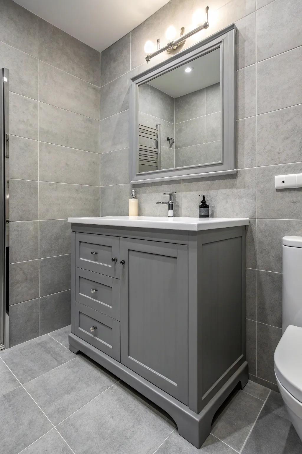 A shale cabinet unit adds style and functionality to the bathroom.