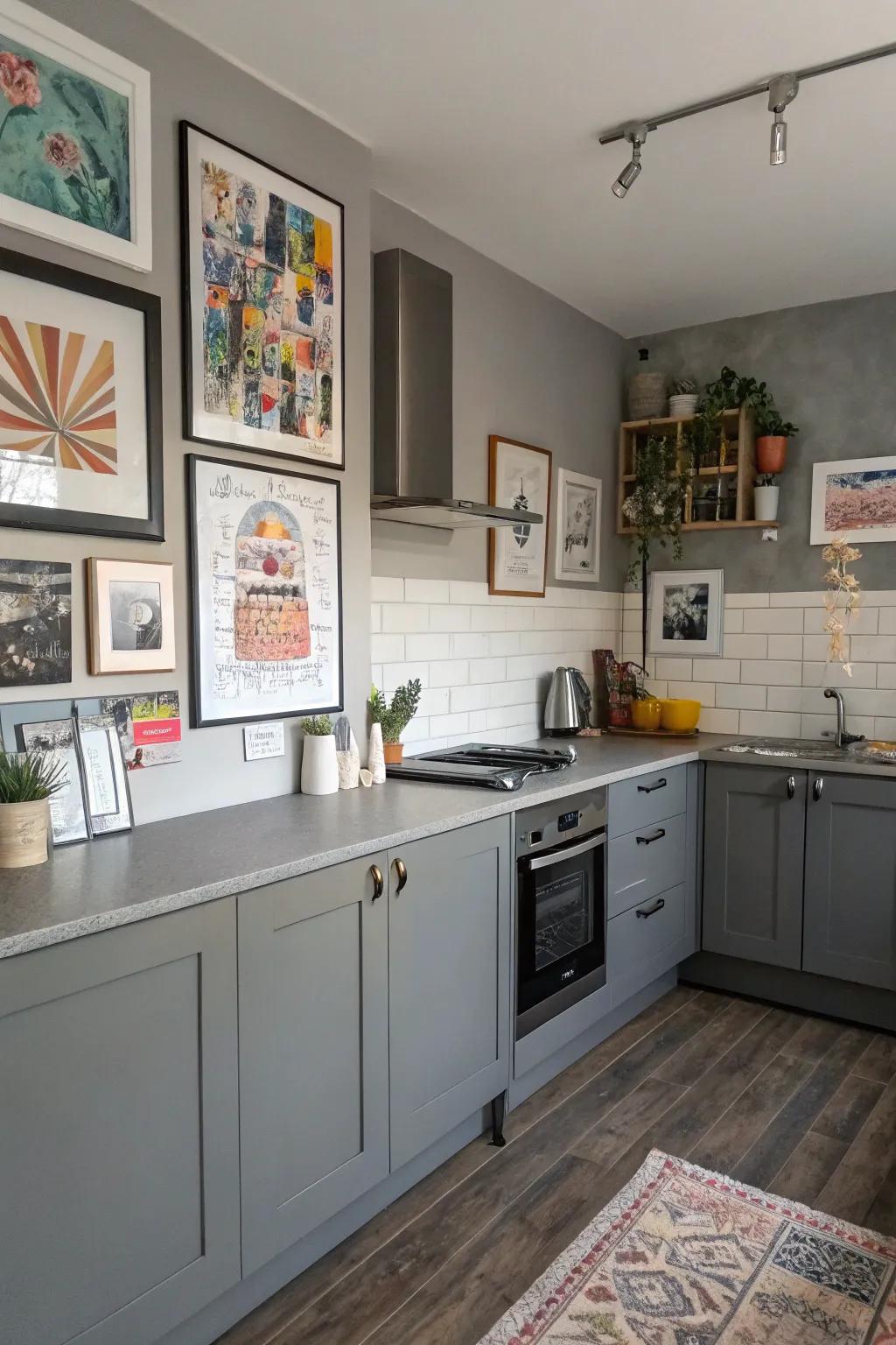 Artwork adds a personal touch to a grey kitchen, making it truly yours.