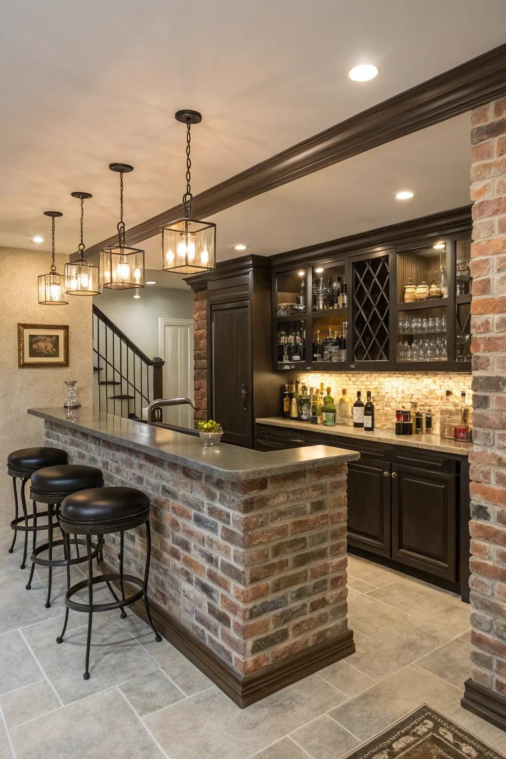 A chic home saloon with a stylish partially exposed brick wall backdrop.
