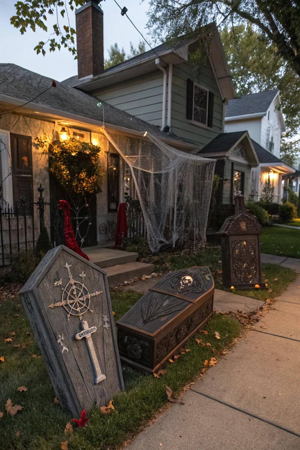 A sophisticated blood sucker hideout adds elegance and spookiness to the yard.