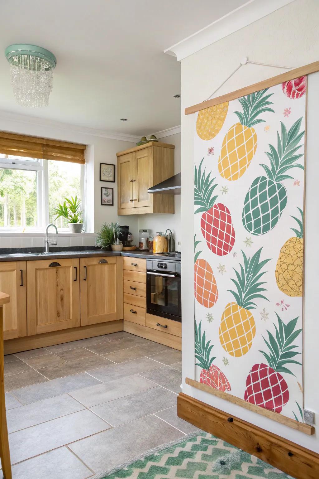 A poster with pineapple patterns that brings cheer to a kitchen.
