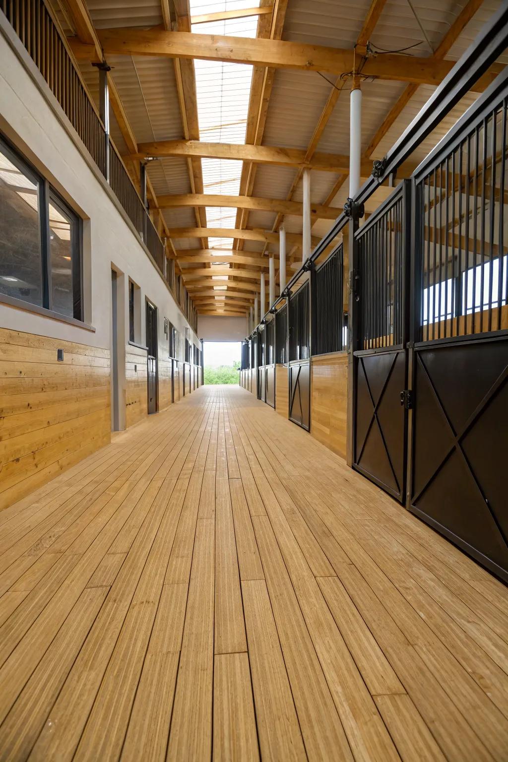 Bamboo flooring combines modern aesthetics with toughness, perfect for stylish barn passageways.