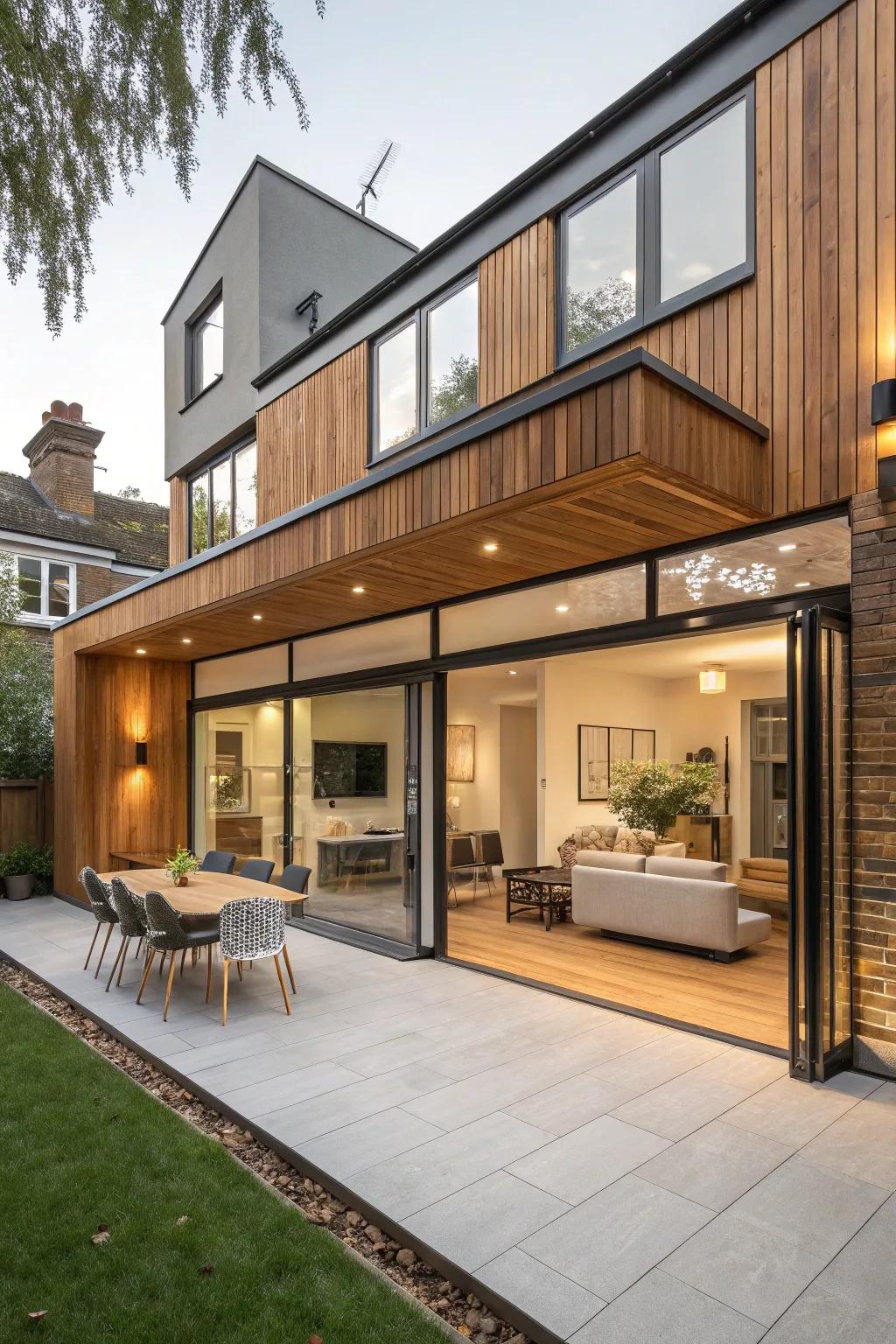 Wooden accents adding warmth and character to a modern extension.