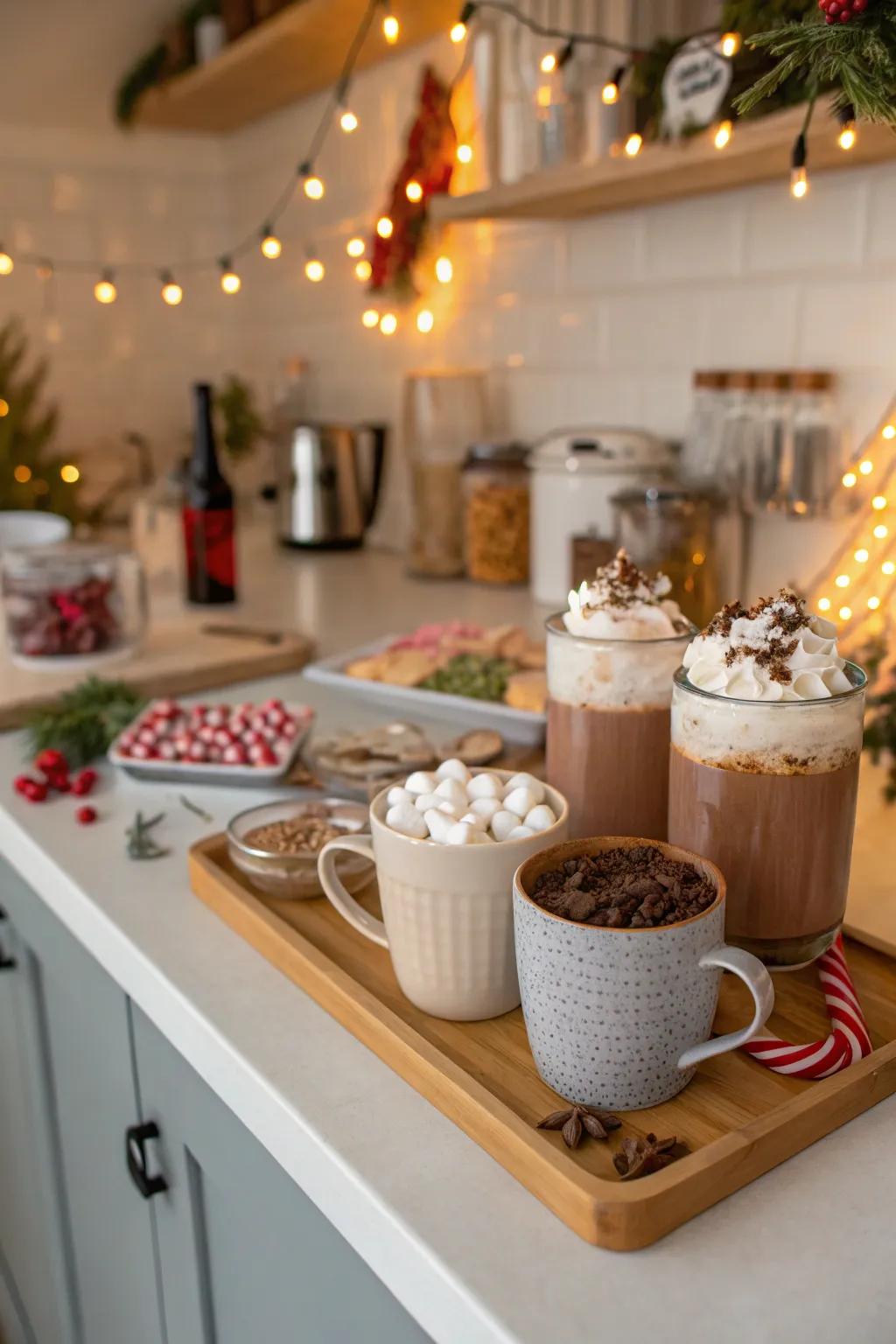 A comforting hot chocolate bar for warming up housewarming guests