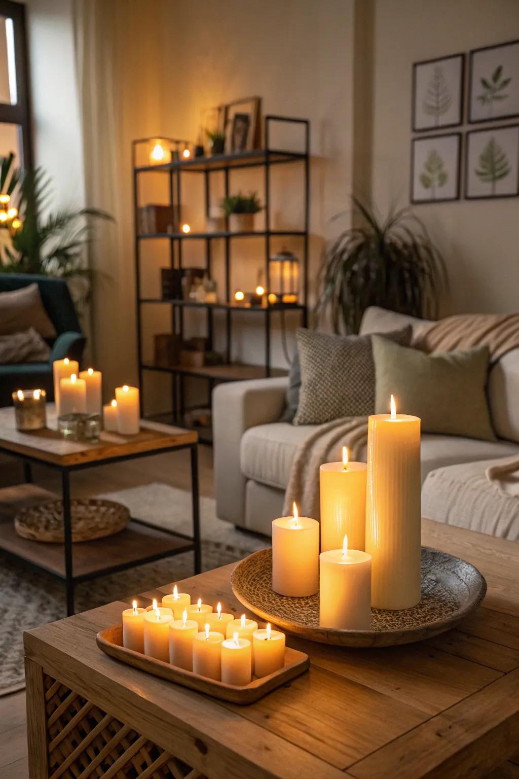 Light from embers imparts warmth and coziness to the living room.